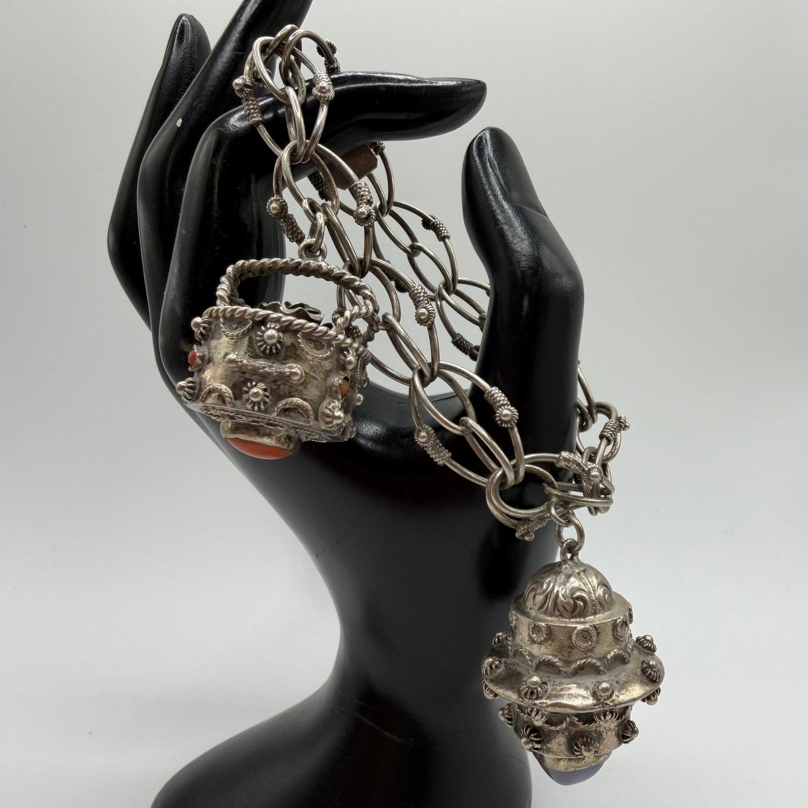 800 Silver Etruscan Revival Style Intricate Filigree Natural Stone Charm Bracelet ER25: This item is in pre-owned, previously used/displayed condition with noticeable light wear and surface scratches. Please reference all photos for full details. This piece of jewelry has been carefully 