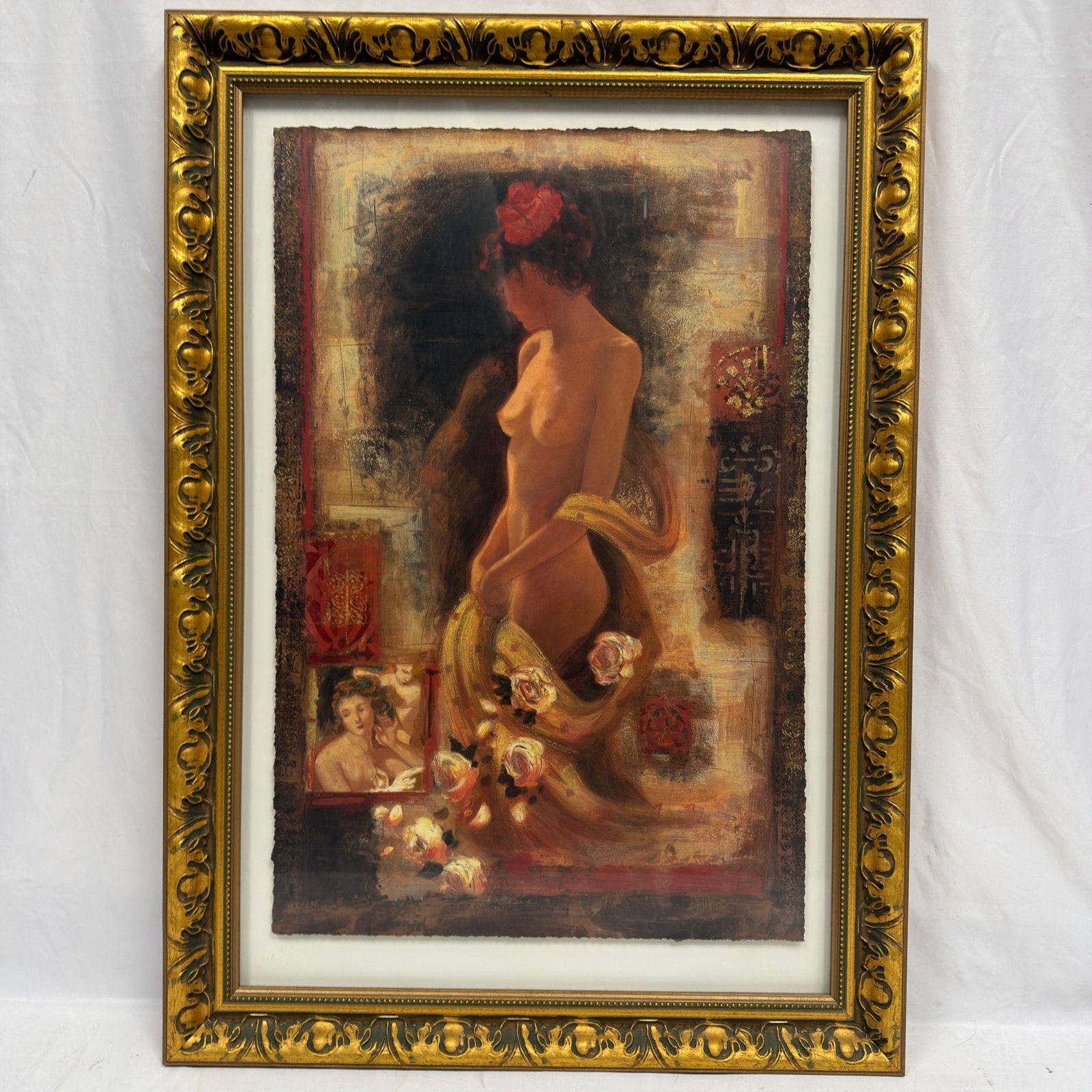 Peter Nixon Grace 9 Hand Signed Limited Edition Serigraph on Wove Paper 183 of 350: Hand-signed limited edition serigraph titled "Grace 9" by Peter Nixon, presented in an ornate gilt frame under glass. This work is printed in color on textured wove paper with natural deckle e