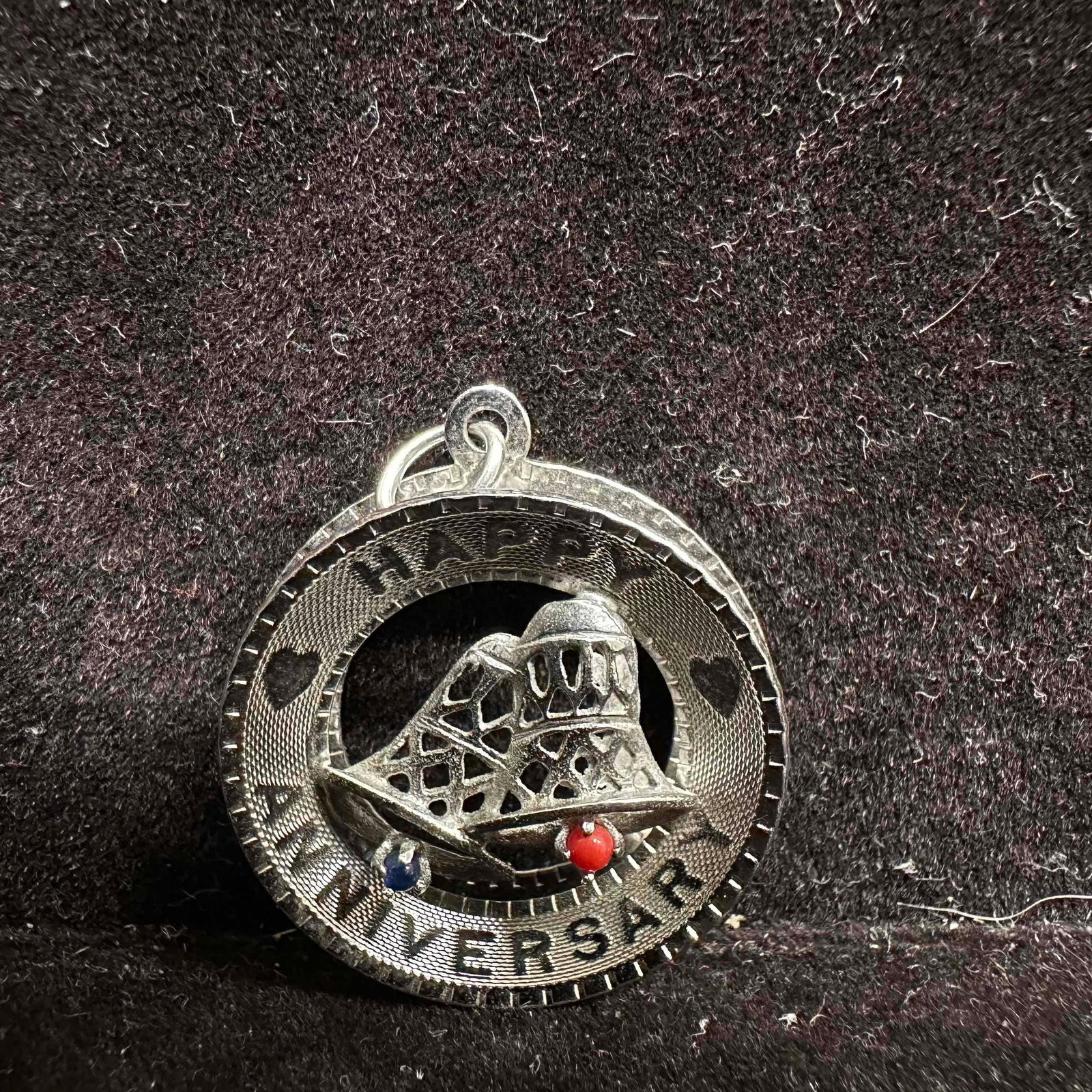 M and M Sterling Silver Happy Anniversary Bells Pendant: This item is in good pre-owned, previously used/displayed condition with noticeable light wear, and surface scratches. Please reference all photos for full details. This piece of jewelry has been