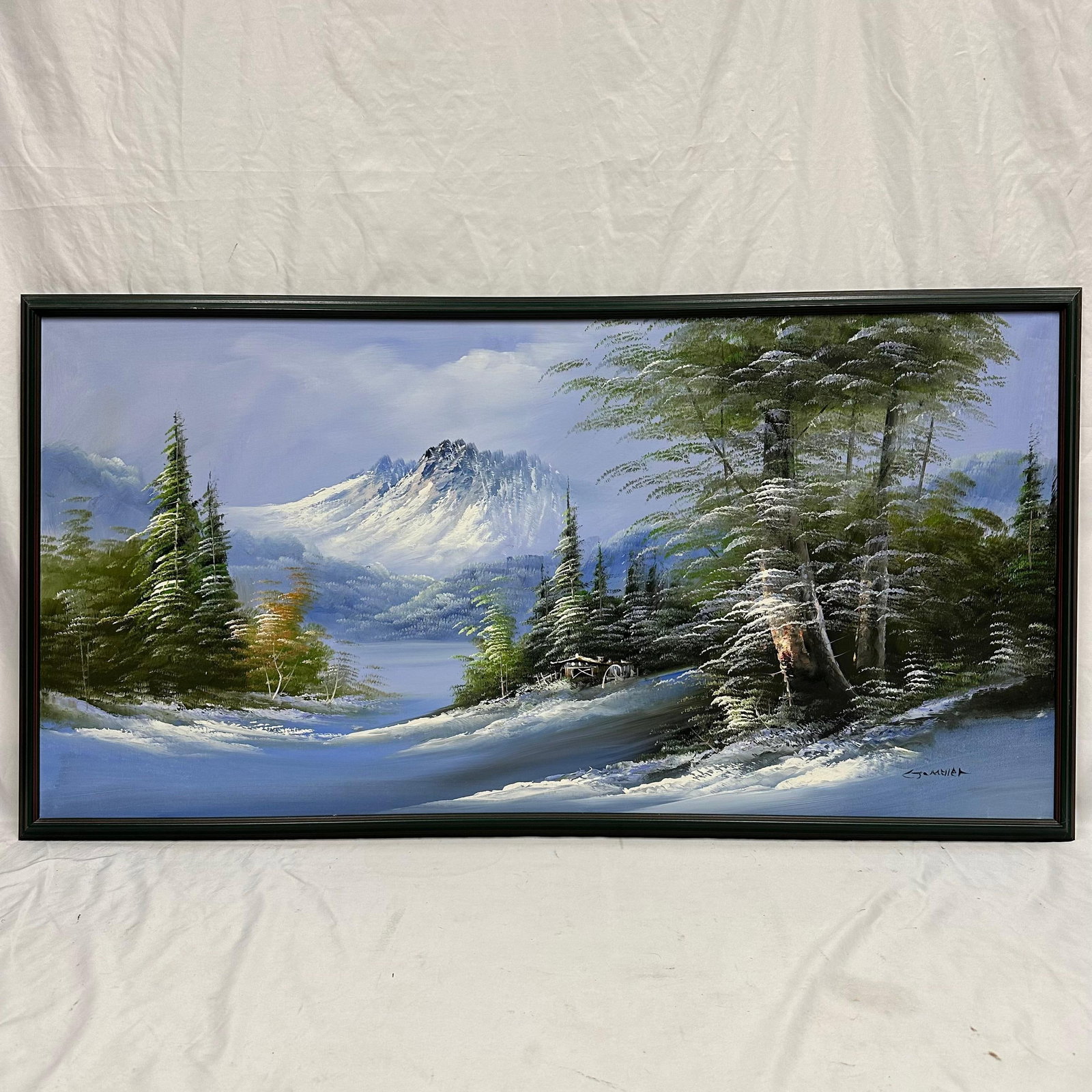 Winter Mountain Landscape Oil Painting on Canvas Snow Scene Cabin and Pines Forest Green Frame (1 of 12)