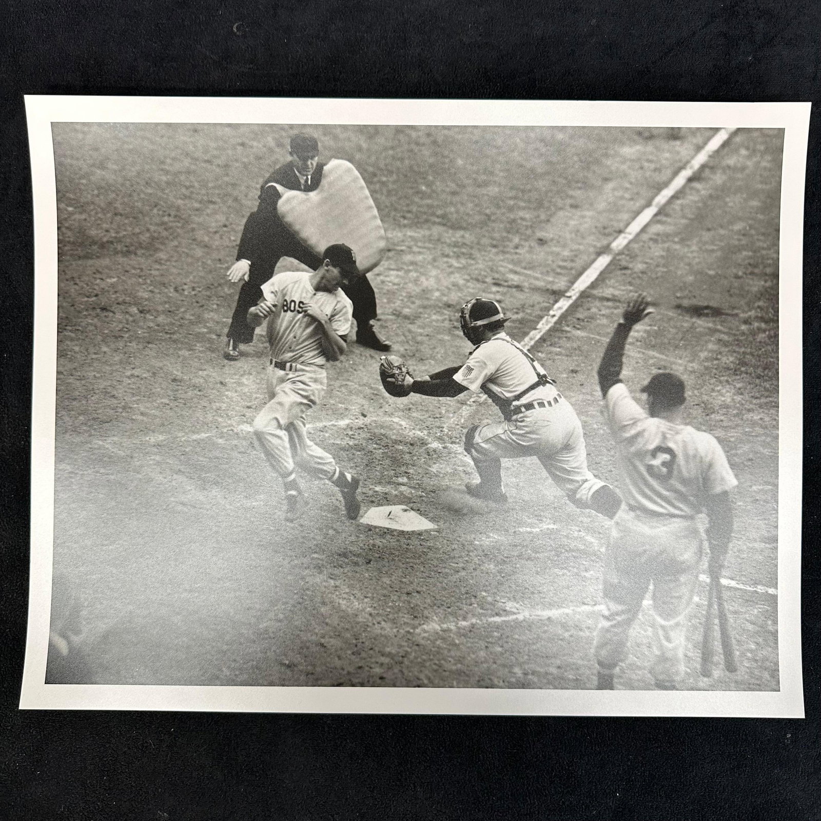 Silver Gelatin Print Baseball Action at Home Plate Boston Red Sox Runner Tagged Black and White