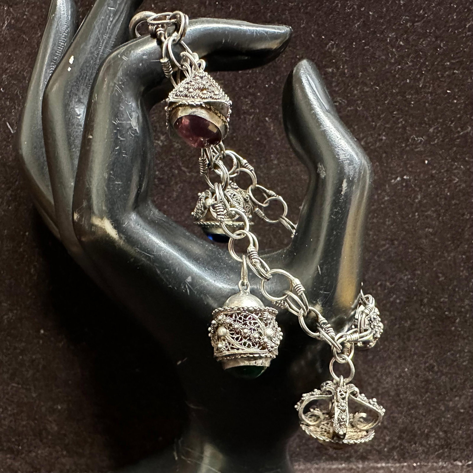 Multi Colored Glass Ornate Fob Charm Silver Thin Chain Bracelet T2
