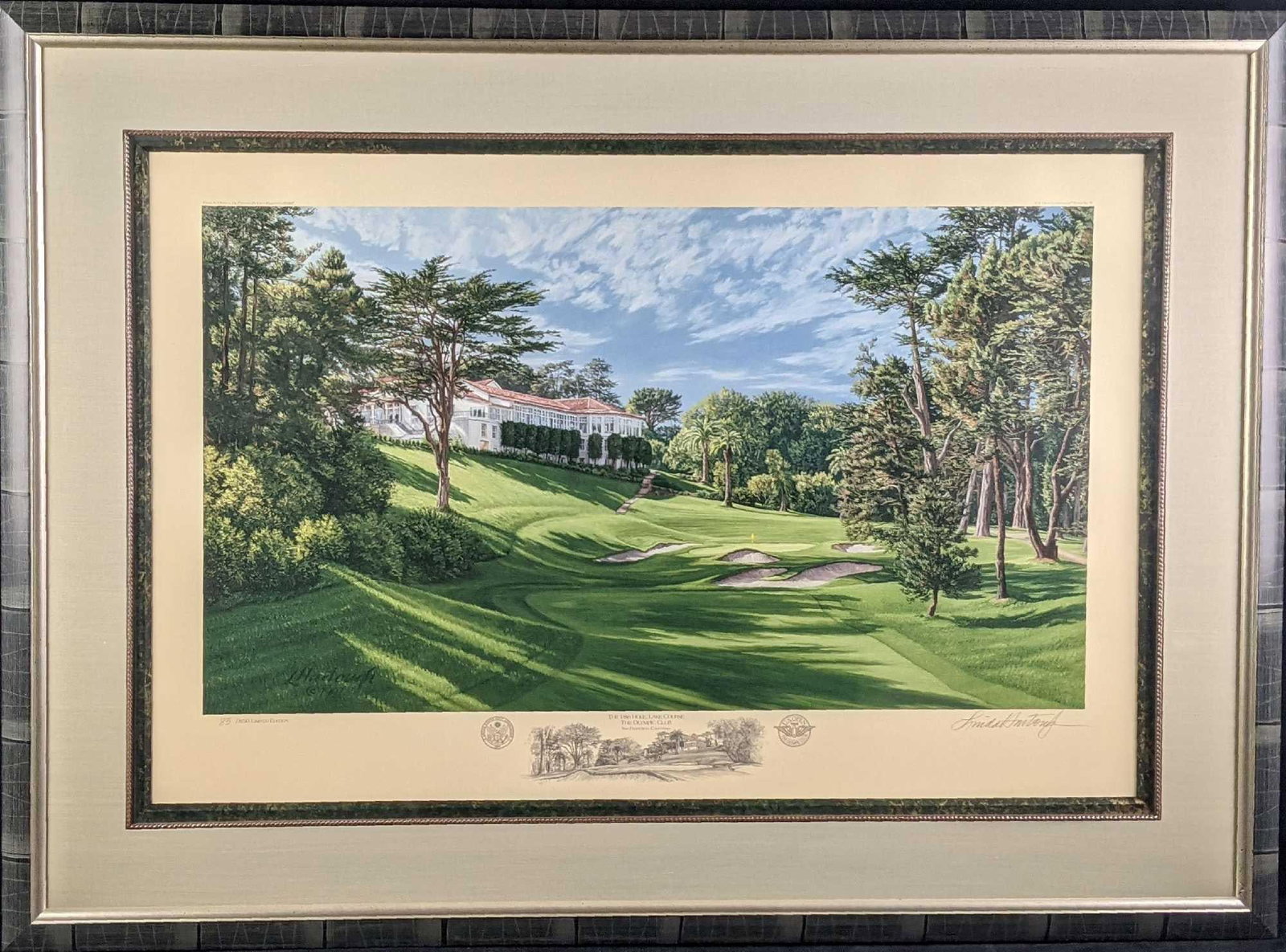 Framed Linda Hartough LE Litho Olympic Golf Club: "The 18th Hole, Lake Course, The Olympic Club, San Francisco, California". Lithograph Signed And Numbered By Linda Hartough. The print is number #83 out of #850. The framed print is approx 38 