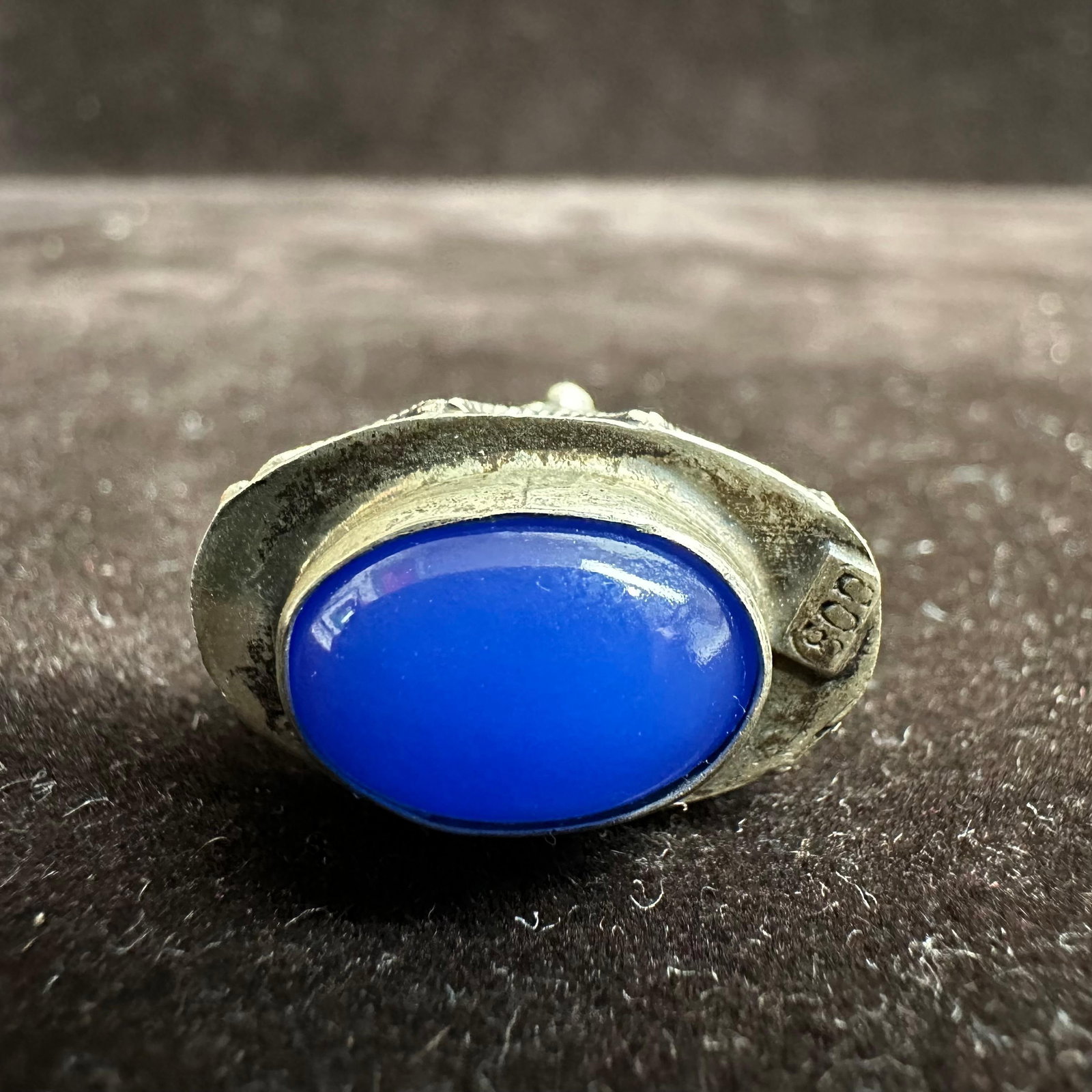 Victorian Etruscan Style Oval Blue Cabochon 800 Silver Charm T12