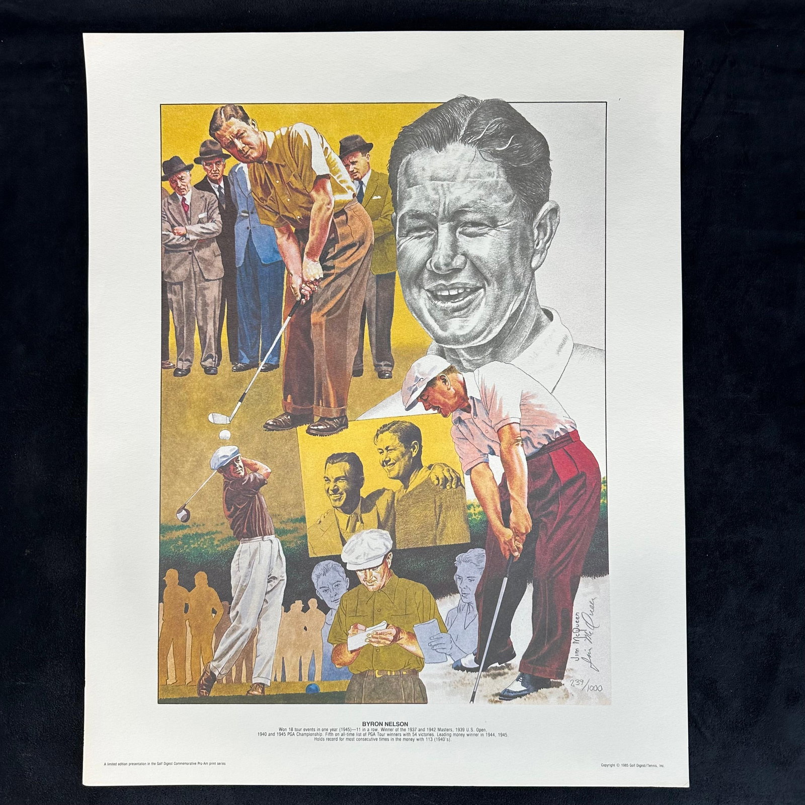 Jim McQueen Signed and Numbered Lithograph Byron Nelson Golf Digest Series 1985 #239: Limited edition lithograph by Jim McQueen, titled Byron Nelson. Hand-signed and numbered 239/1000 by the artist. Published in 1985 as part of the Golf Digest Commemorative Pro-Print series. Features