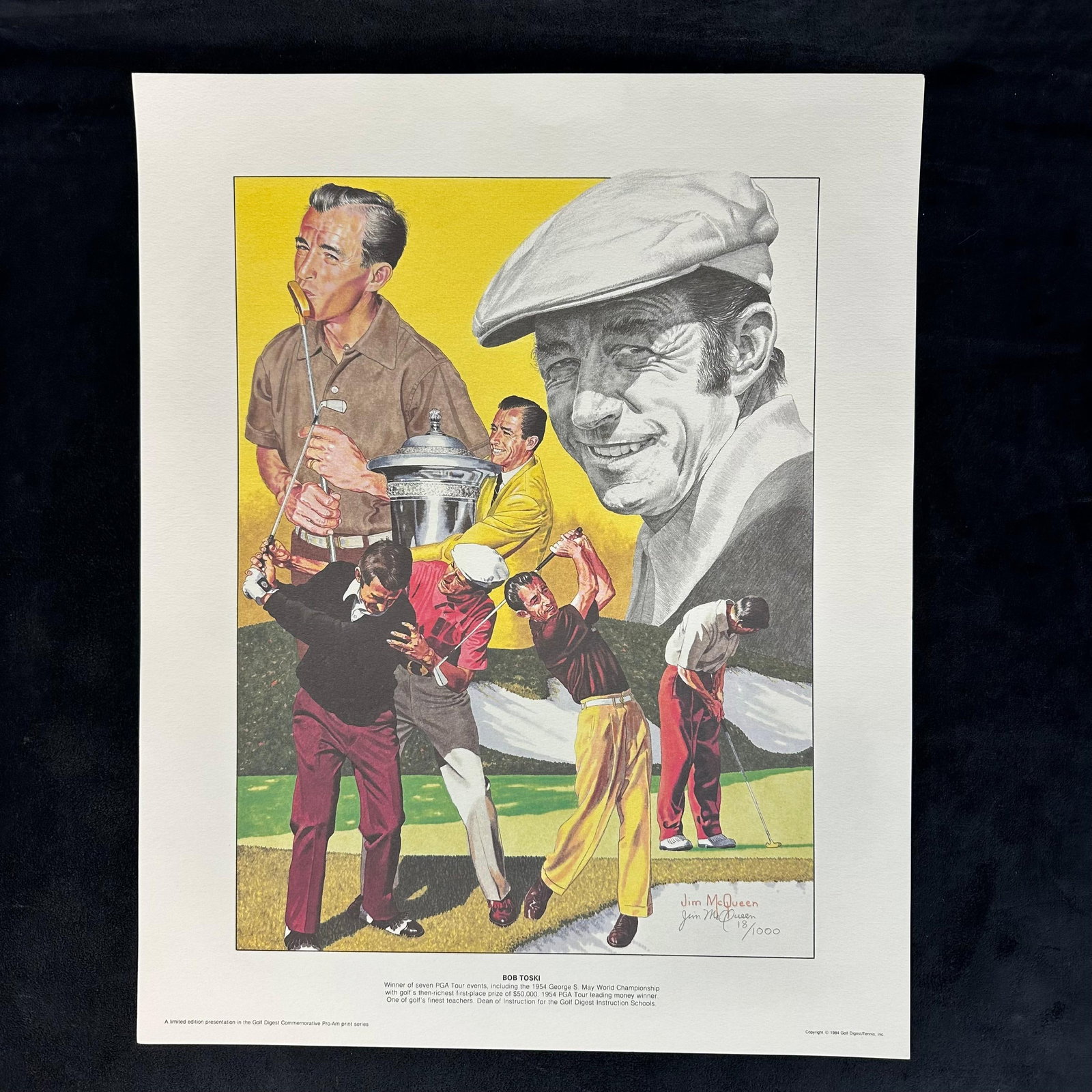 Jim McQueen Signed and Numbered Lithograph Bob Toski Golf Digest Commemorative Print #18: Limited edition lithograph by noted golf artist Jim McQueen, titled “Bob Toski”. This piece was issued in 1984 as part of the Golf Digest Commemorative Pro-Am Series. Hand-signed by the