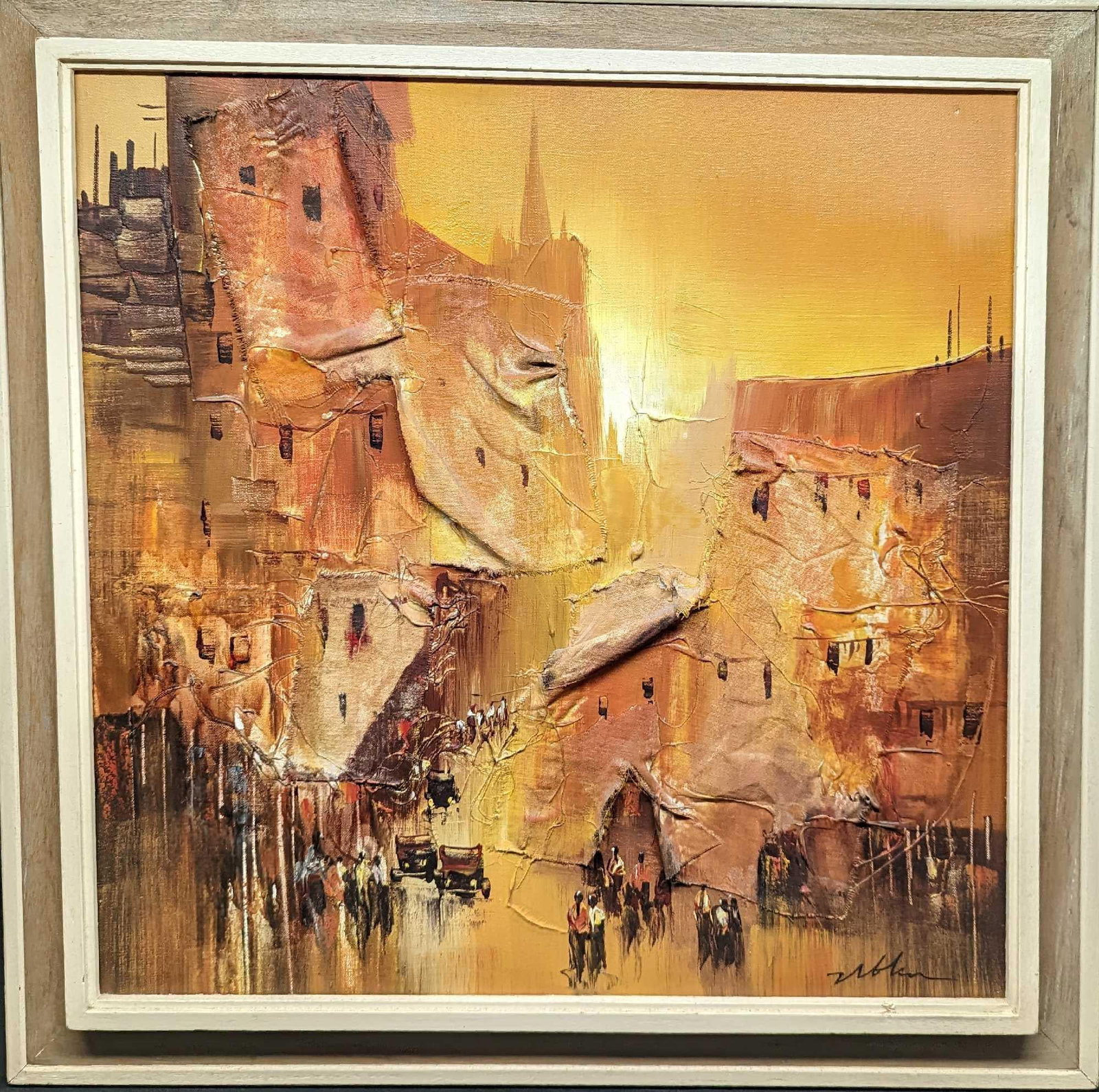 Framed Mixed Media Village Original (F52): Framed Mixed Media Village Original (F52). The original is signed by the artist on the bottom right. The artist's name is unknown. Framed oil has some added canvas/paper to give the original a 3D
