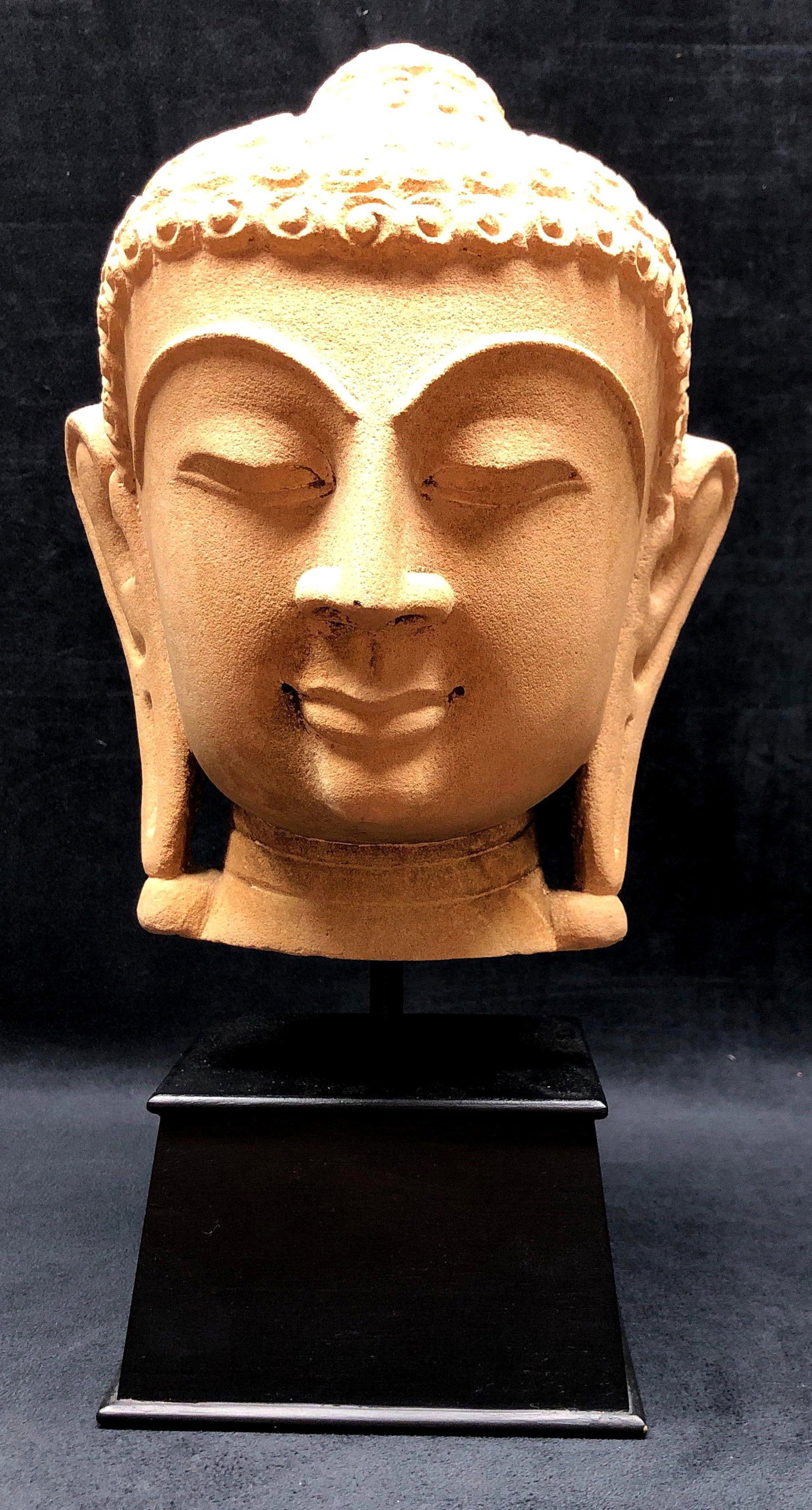 Meditating Buddha Head Sculpture on Stand - Concrete: Meditating Buddha Head Sculpture on a Stand. Heavy. Unmarked. The item measures approximately 15" x 8" x 9" and weighs about 19.0lbs. The Concrete Buddha Bust is in used, vintage condition with signs 