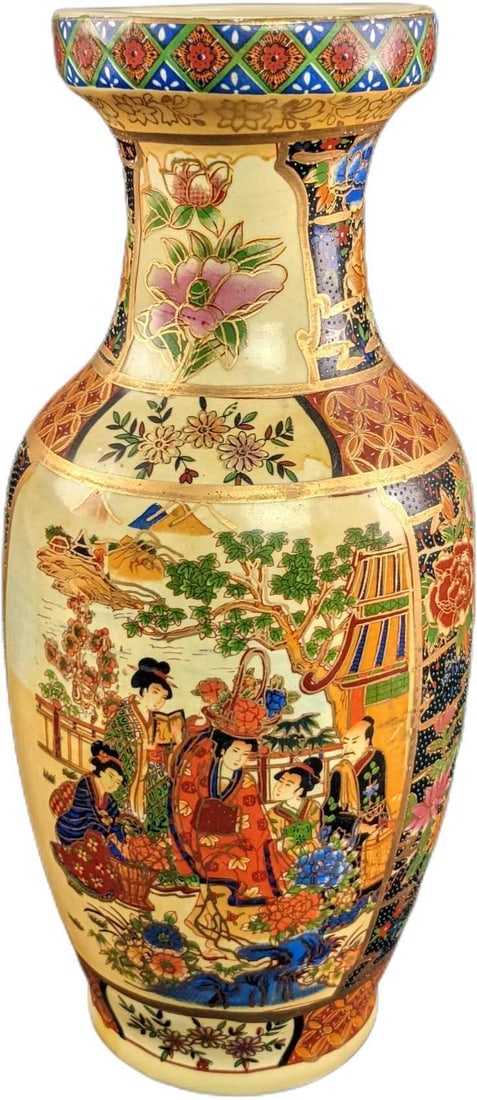 Vintage Satsuma Ladies 13 1/2" Porcelain Temple Vase: Vintage Satsuma Geisha 12" Porcelain Temple Vase. Graphics were pressed, while the highlights were done by hand. The vase is approx 6" x 6" x 13 1/2" and it weighs 2.95lbs. The vase is in a good, vint