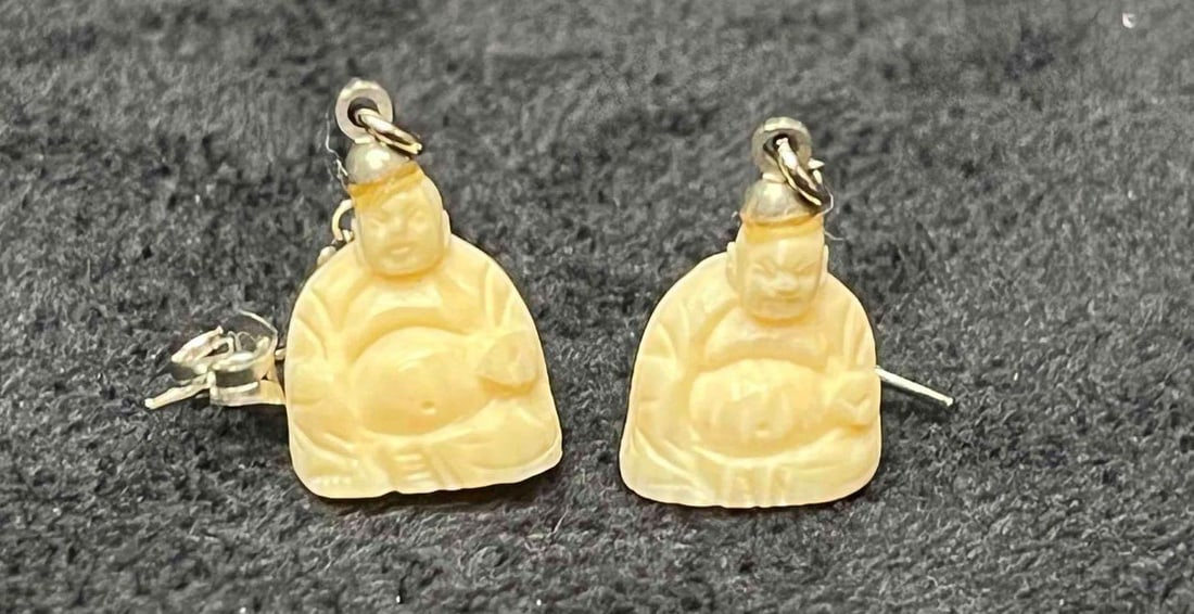 Hand Carved Bone Buddha Dangle Earrings - 2