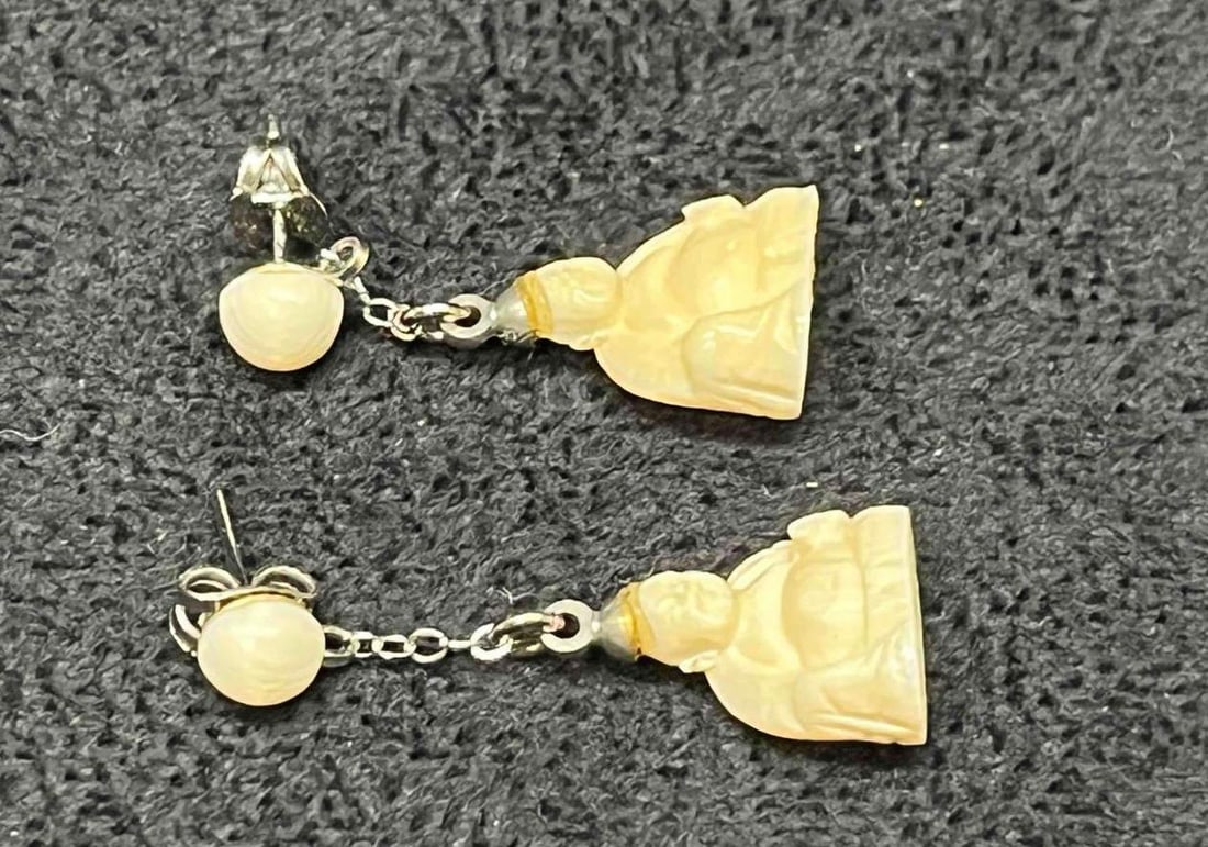 Hand Carved Bone Buddha Dangle Earrings - 4