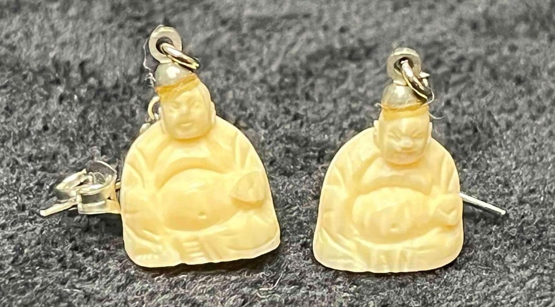 Hand Carved Bone Buddha Dangle Earrings - 5