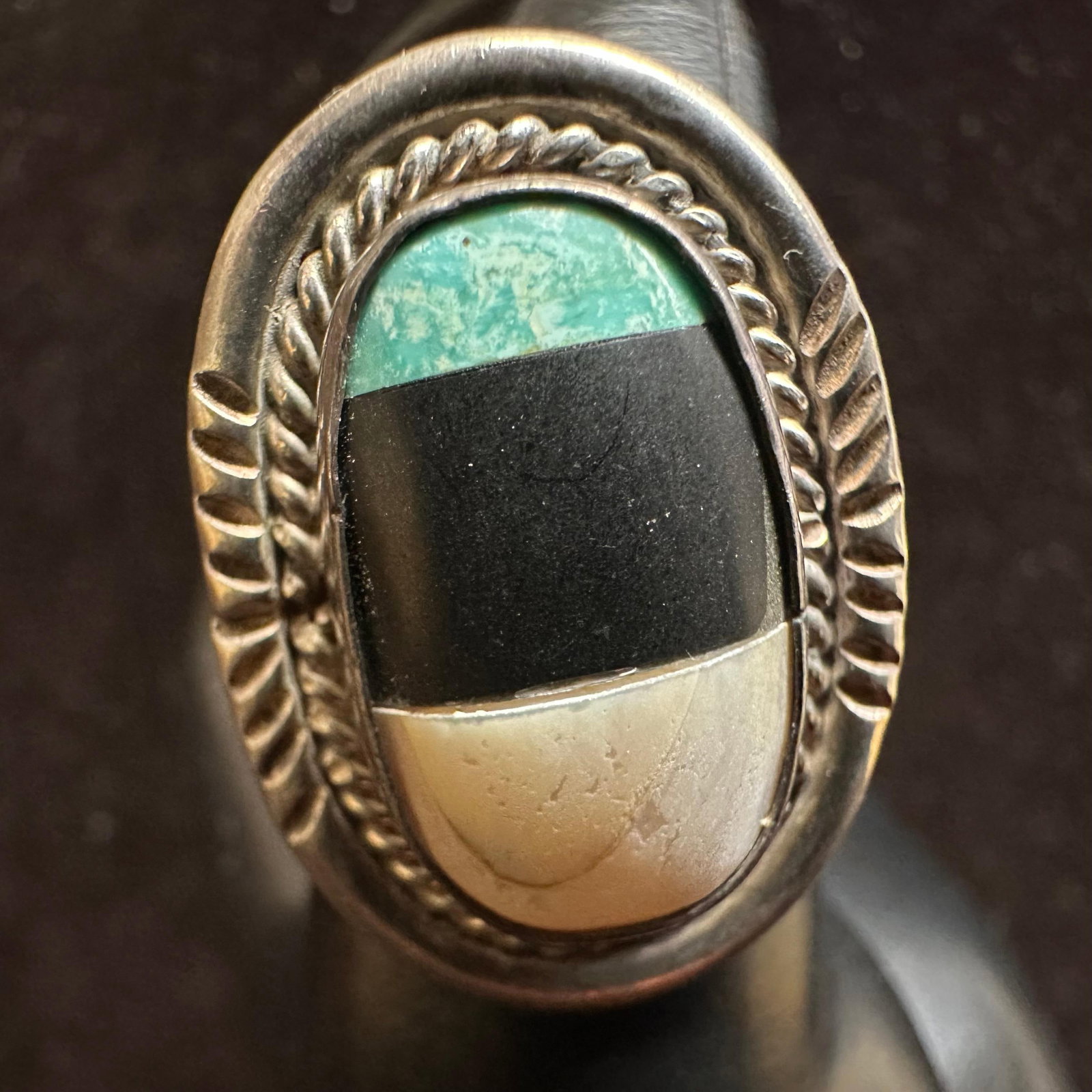 Native Navajo Style Statement Silver Ring Turquoise Onyx Pearl Tri Stone Inlay: This item is in good pre-owned, previously used/displayed condition with noticeable light wear and surface scratches. Please reference all photos for full details. This piece of jewelry has been teste