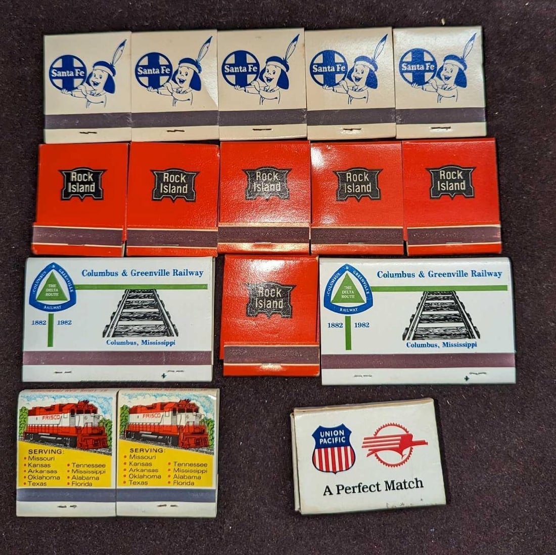 Lot Of Vintage Railroad Santa Fe Rock Island Frisco Union Pacific Matchbooks: Lot Of Vintage Railroad Santa Fe Rock Island Frisco Union Pacific Matchbooks. This lot includes: (5) Santa Fe Railroad Boy Matchbooks. Each is approx 1 1/2" x 1/4" x 2". (6) Rock Island Ma