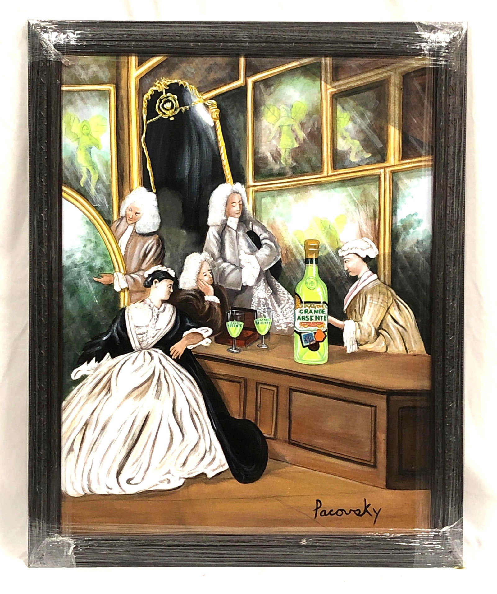 John Pacovsky & Absente / Absinthe - Commissioned, Signed, Framed - Acrylic on Canvas: Absente / Absinthe Marketing Ad - Painting Commissioned by Liquor Branding Executive. Signed and Framed Acrylic on Canvas by Artist John Pacovsky. Artwork was inspired by Jean Antoine Watteau Gersaint