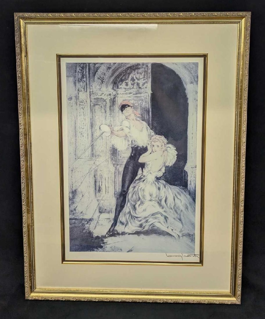 Framed Louis Icart Print Art Deco Woman Don Juan JB: Framed Louis Icart Print Art Deco Woman Don Juan JB. The framed print is approx 23 1/2" x 3/4" x 31 1/8" and it weighs 9.10lbs. Please note, the signature is part of the print and not an original. The