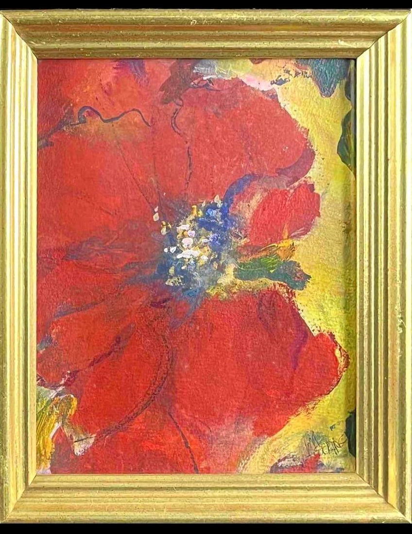 Original Marcia Lain Herring Red Flower Signed Art: Original Marcia Lain Herring Red Flower Signed Art Pictured is a Marcia Lain Herring painting framed with a glass front. The painting is signed on the bottom right. This piece is in good condition