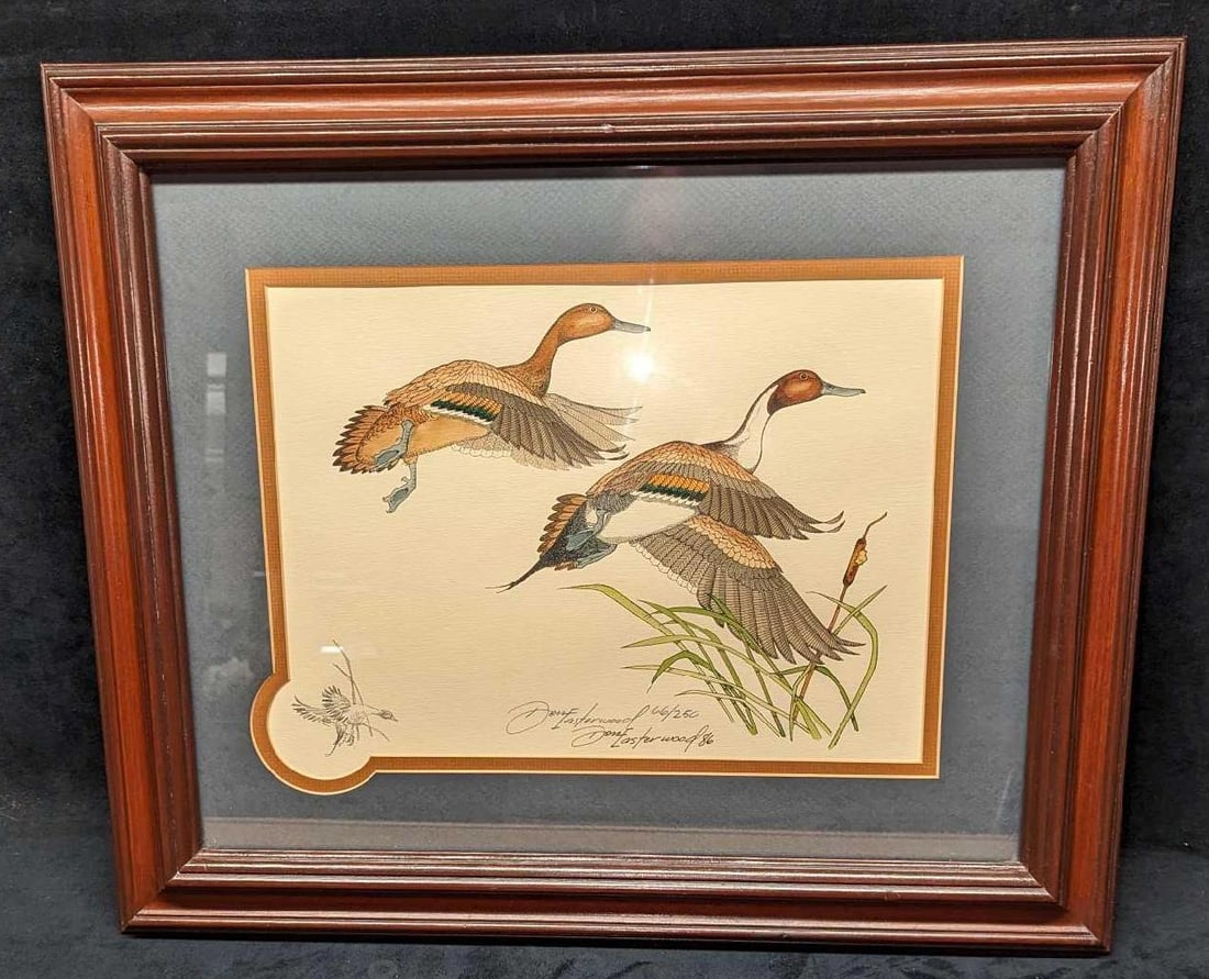 Framed S&N Don Easterwood 2 Ducks Print: Framed S&N Don Easterwood 2 Ducks Print. This one is #66 out of #250. The framed print is approx 24" x 1 1/2" x 20" and it weighs 2.10 lbs. The frame has some chips. The print was signed and numbered 
