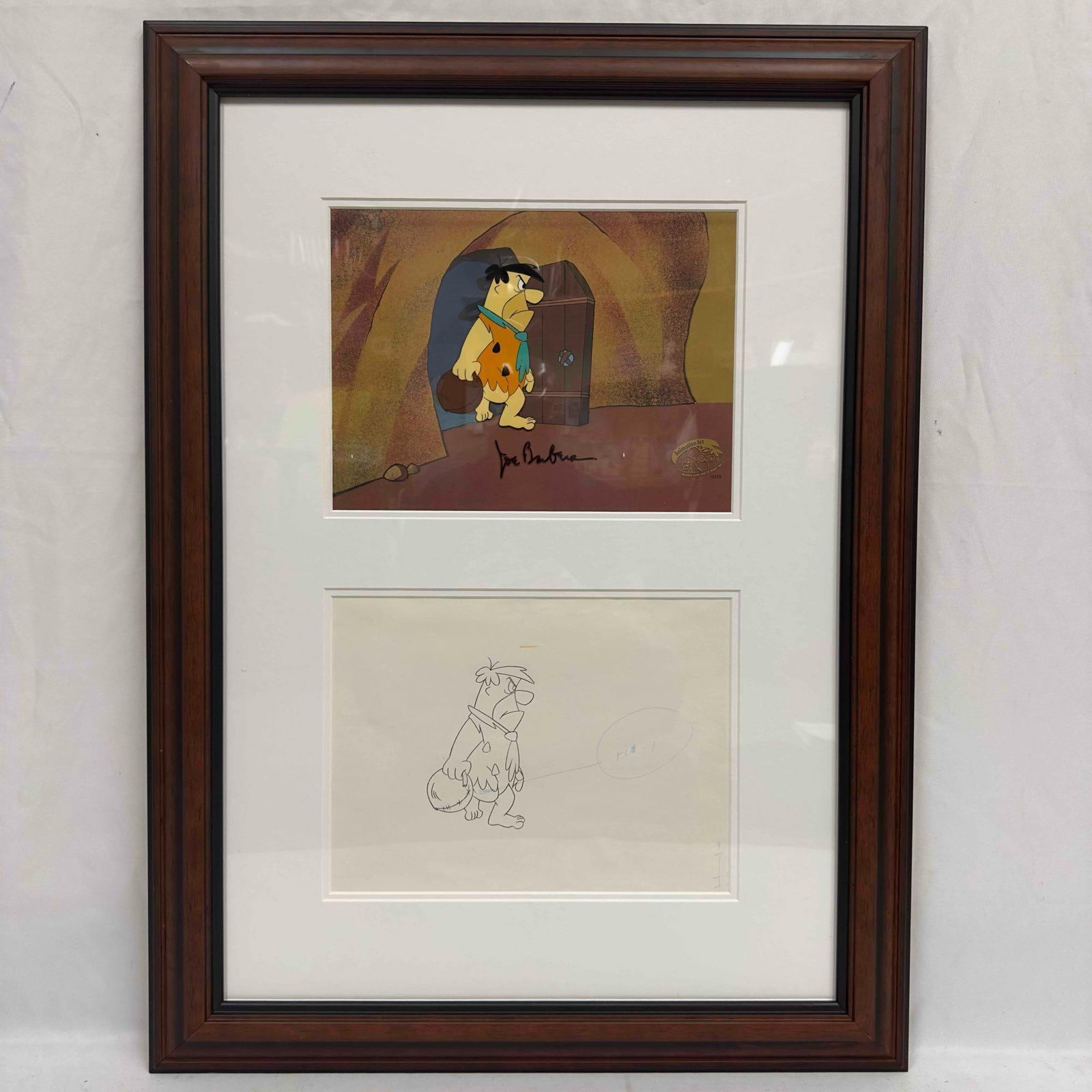 Hanna-Barbera Animation Art Dino in Stay Out Hand Painted Original Used Production Cel Signed Joseph: Hanna-Barbera Animation Art Dino in Stay Out Hand Painted Original Used Production Cel Signed Joseph Barbera. Hand painted production cel with color background. Signed by Joseph Barbera. A unique work