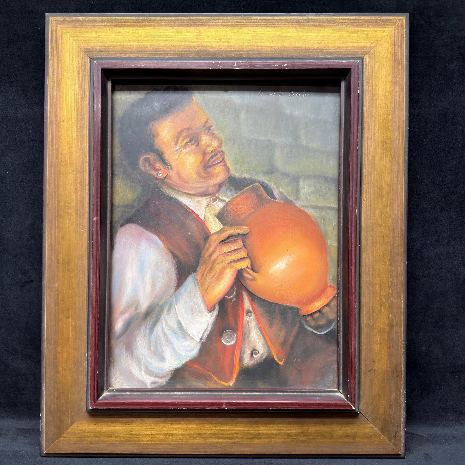 Heinz Wilhelm Becker Paint on Board Portrait of Man Holding Pottery Jug R240: Artwork, oil on board depicting a smiling gentleman holding a large earthenware pottery jug. Signed Heinz W. Becker in the upper right. Painted in a traditional realist style with warm colors and deta