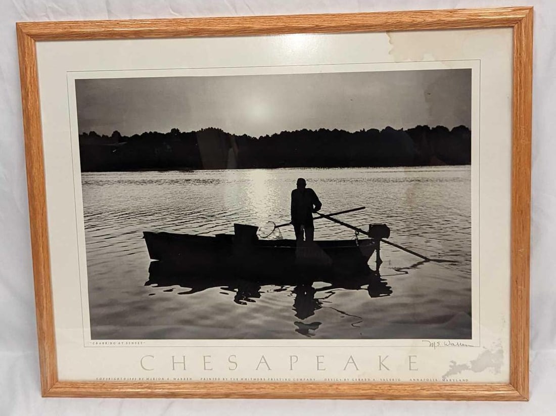 M. E. Warren Crabbing At Sunset Framed Print: M. E. Warren Crabbing At Sunset Framed Print. Please note, the print's signature is part of the print and not an original. The framed print is approx 27 1/2" x 1" x 21 1/2" and