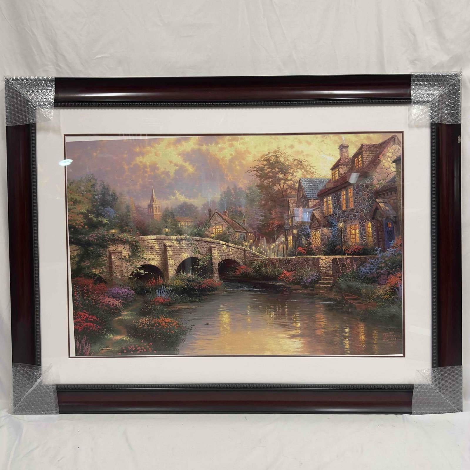 Thomas Kinkade Cobblestone Brooke 1997 Large Lithograph Framed: Thomas Kinkade Cobblestone Brooke 1997 Large Lithograph Framed 24" x 36". Offset lithograph in color on premium paper. Signed with the artist's DNA matrix signature authentication system, 