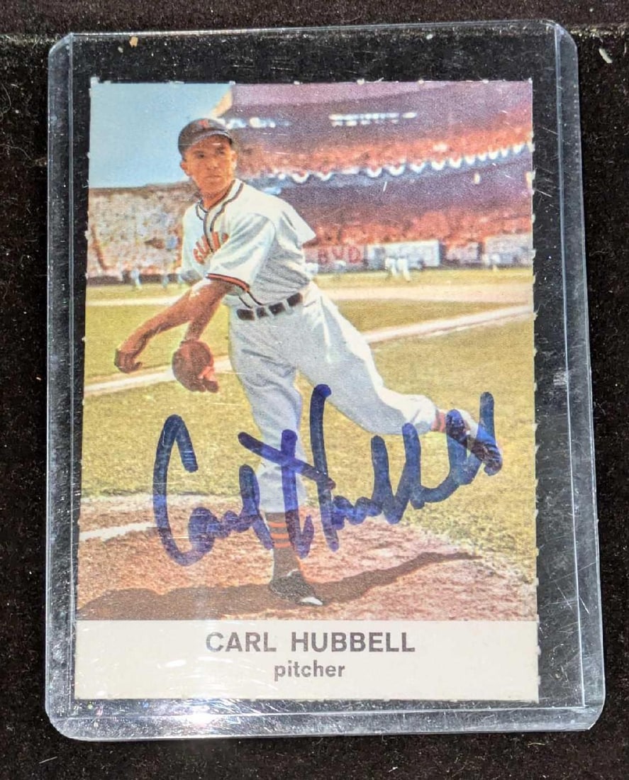 Carl Hubbell HOF Autographed Baseball Card: Carl Hubbell HOF Autographed Baseball Card. Comes in a protective sleeve. This is approx 3" x 4" and it weighs 0.02lb. The card was ungraded. Please note, this does not come with a COA and was acquire