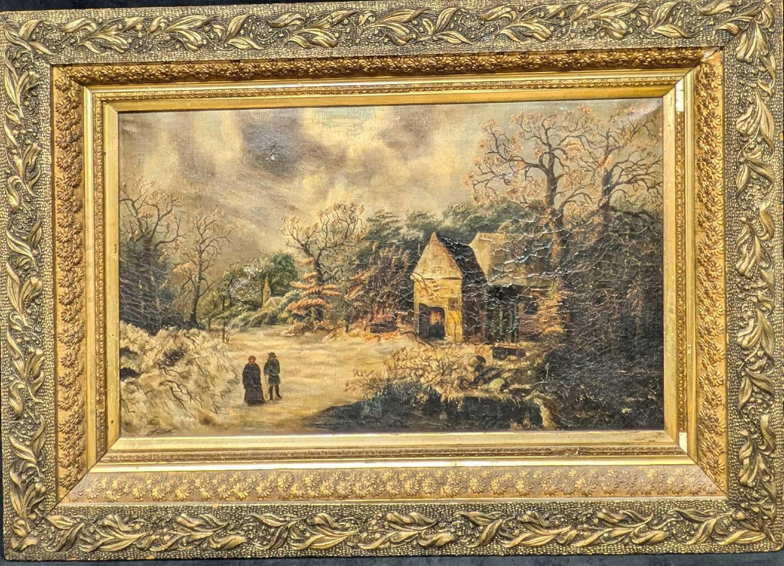 Vintage Framed Oil On Canvas Winter Scene: Vintage Framed Oil On Canvas Winter Scene. This original oil on canvas shows a couple as they walk through the snow. This framed original is approx 35" x 3" x 25 1/2" and it weighs 10lbs. The painting