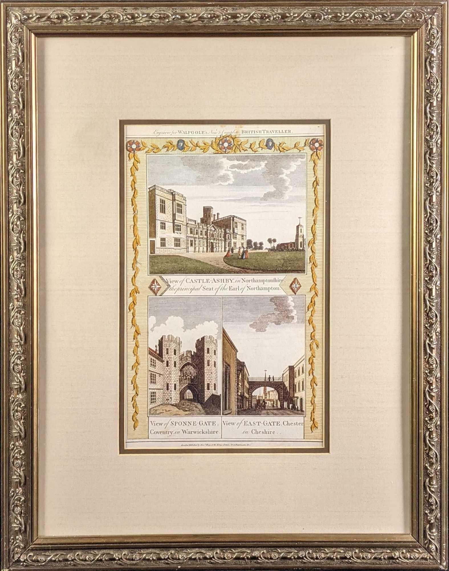 Vintage View of Castle Ashby in Northampton Engraved Print: View of Castle Ashby in Northampton, "View of Sponne-Gate, Coventry .." and "View of East Gate, Chester" anonymous engraver, published in Walpoole's New and Complete British Traveler, London. The fram