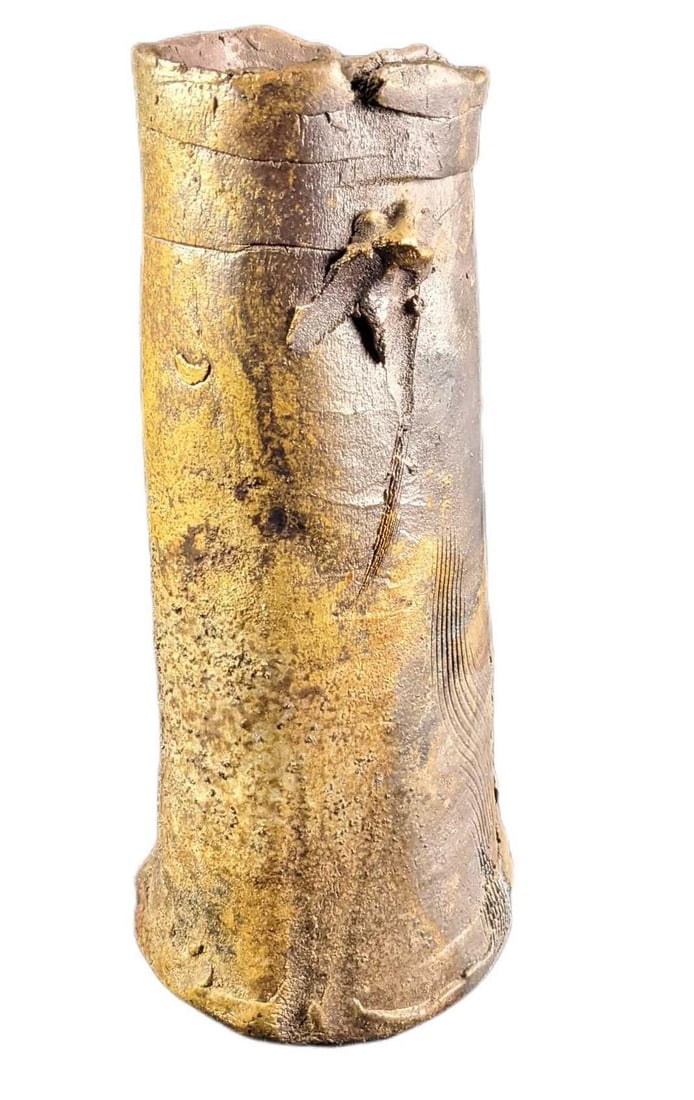 Heavy Primitive Style Pottery Earthenware Art Vase Inside Out: Heavy Primitive Style Pottery Earthenware Art Vase Called "Inside Out". The vase is signed, named, and dated on the bottom. Is approx 6" x 6" x 13" and weighs 9.5lbs. The vase is in a good, used 
