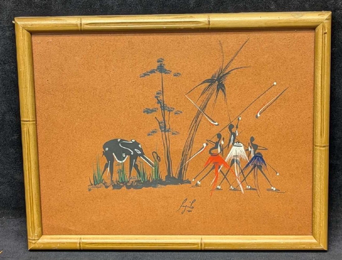 Framed Vintage African Tribal Art Gouache Elephant R72: Framed Vintage African Tribal Art Gouache Elephant R72. Shows villagers and one baby elephant. This is approx 13 7/8" x 1" x 10 7/8" and it weighs 1.50lb. The original was signed by the artist and we 