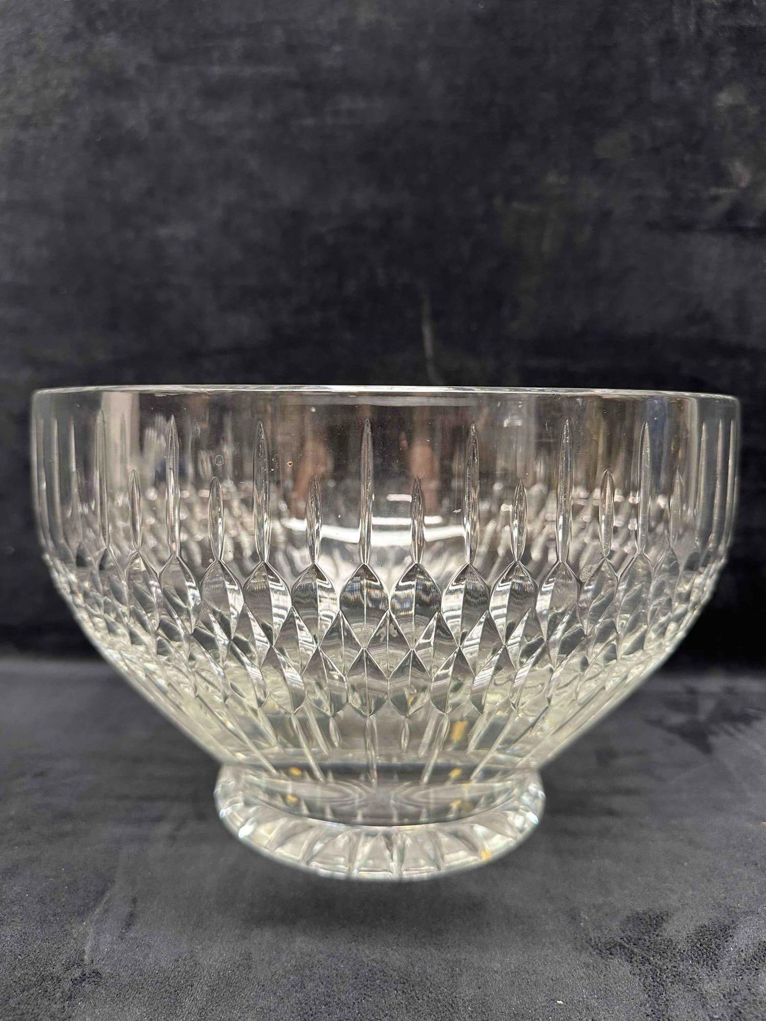 Large Lead Glass Crystal European Style Geometric Etched Punch Bowl: No chips, cracks, or breaks in the glass. Noticeable scratches along the bottom. This item is in good pre-owned, previously displayed condition with light wear, and surface scratches. Please