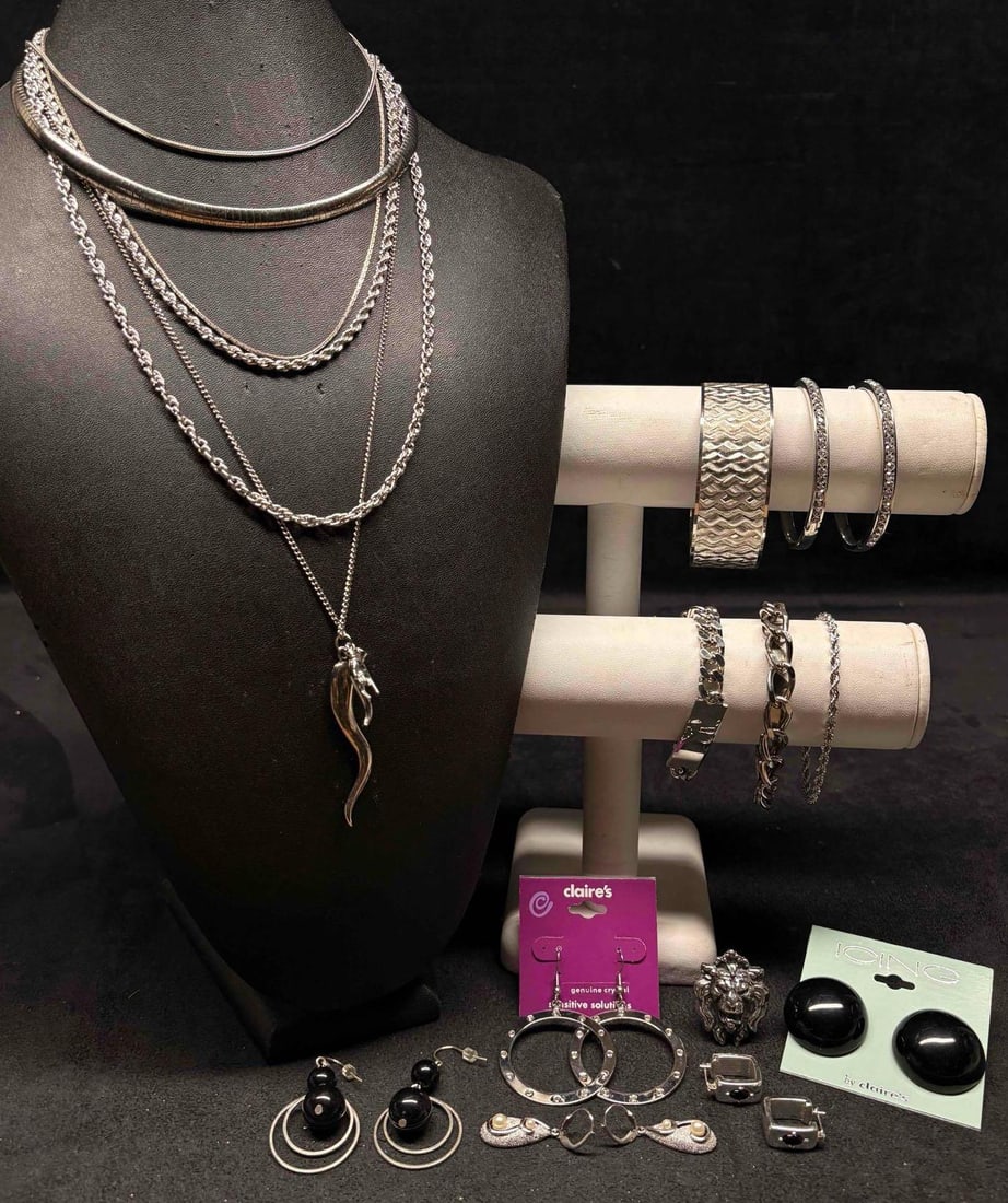 17pc Silver Toned Delicate Cornicello and Hoops Costume Jewelry Collection: This lot contains 17 pieces of pre-owned costume jewelry, paired together in a stylized set. Each piece is in good conditions, with wear and tear over the years visible on some of the jewelry. Please