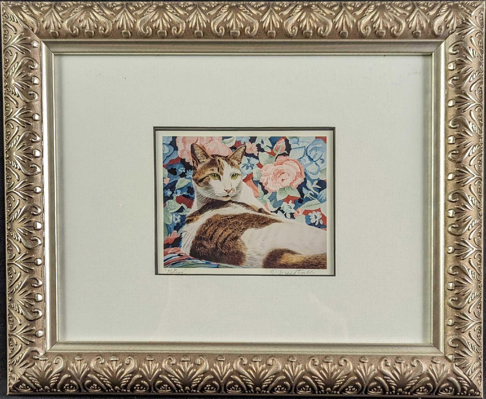 JB Framed Drew Strouble Nitnoy Cat Print: Framed "Nitnoy" print, which was signed by the artist. The framed print is approx 16" x 1 1/4" x 13" and it weighs 3.80lbs. The print/image is approx 6" x 5". The framed pr