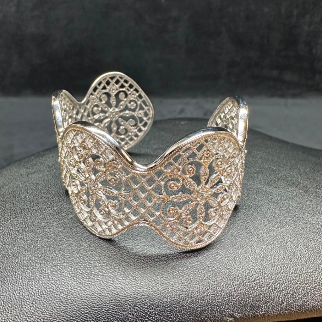 Sterling CZ Web Pattern Filigree Cuff Bracelet: This piece of jewelry has been tested and researched prior to listing. Please view all our pictures they are part of our description. DETAILS: Metal - Sterling Silver Color - Silver Stones - Cubic Zir