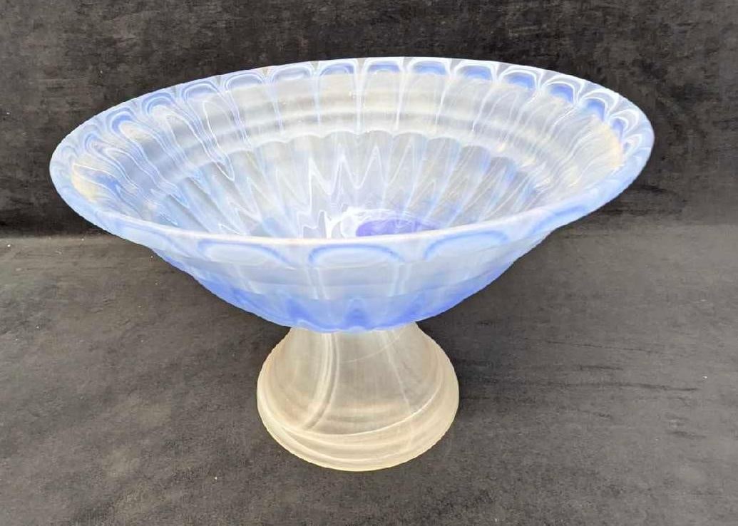 Vintage Murano Style Blue Frosted Pedestal Bowl: Vintage Murano Style Blue Frosted Pedestal Bowl. The maker and date of creation is unknown. The bowl is approx 10 1/4" x 15 3/4" x 15 3/4" and it weighs 6.20lbs. The bowl has some scratches on the ins