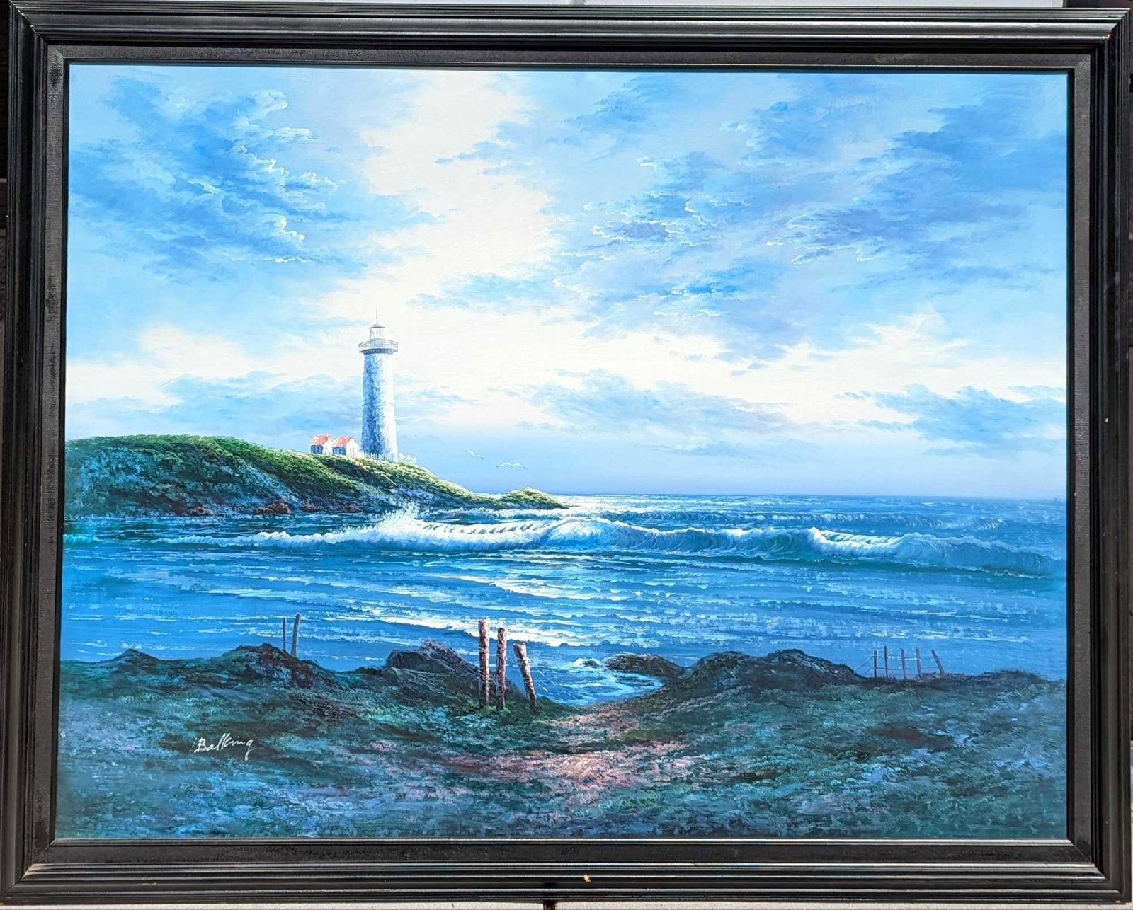 JB Large Original Oil On Canvas Lighthouse Ocean Scene: Framed original oil on canvas of a lighthouse. The original is signed on the bottom left by an "Balking" The framed original is approx 53" x 2" x 42 1/2" and it weighs 9lbs. The canvas is approx 47 3/
