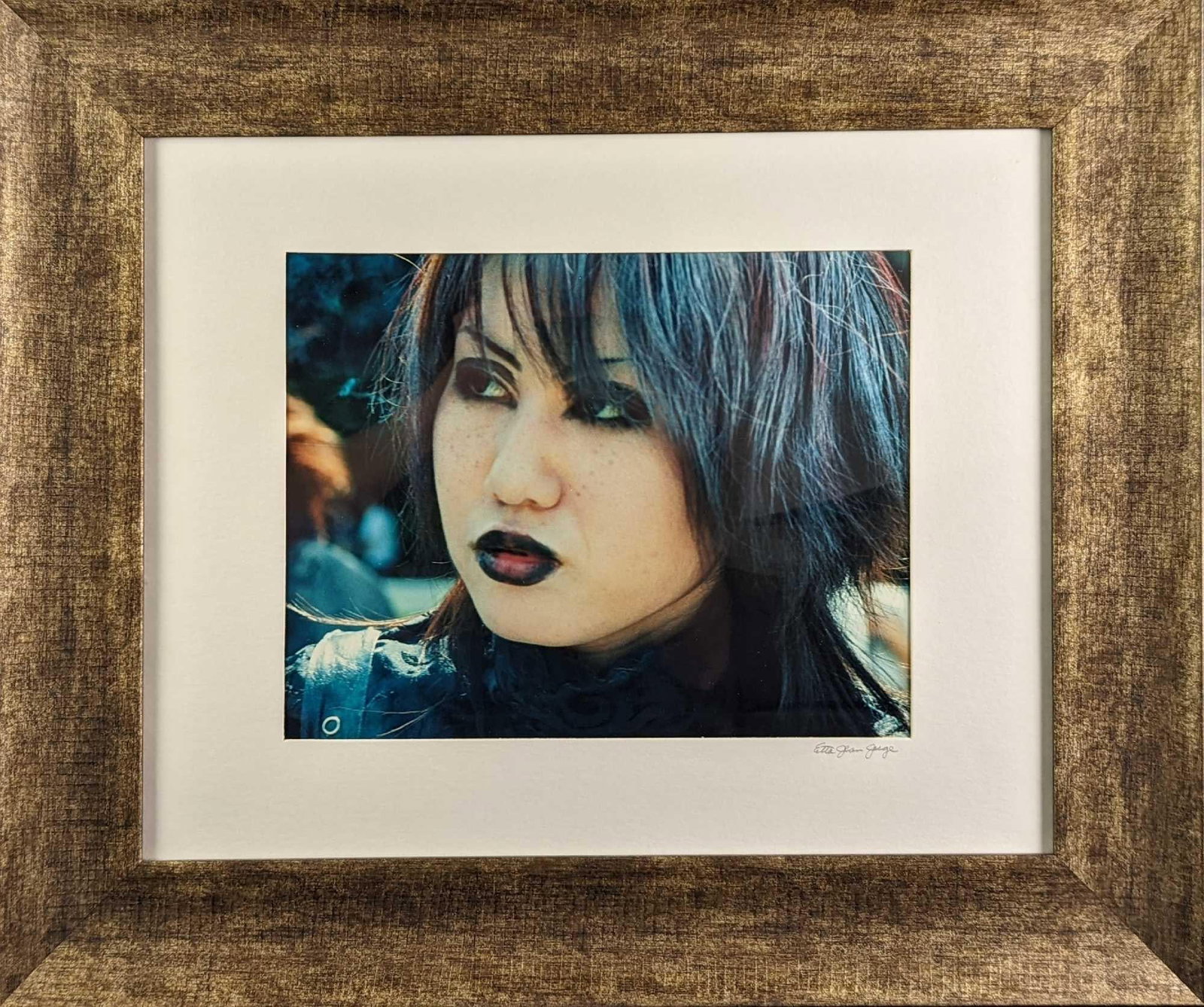 Framed Etta Jean Juge Girl Photo: Framed Etta Jean Juge "Girl" Photo. This is signed by the artist on the bottom right. The framed photo is approx 25" x 1" x 21 1/4" and it weighs 5lbs. The photo/image is approx 13