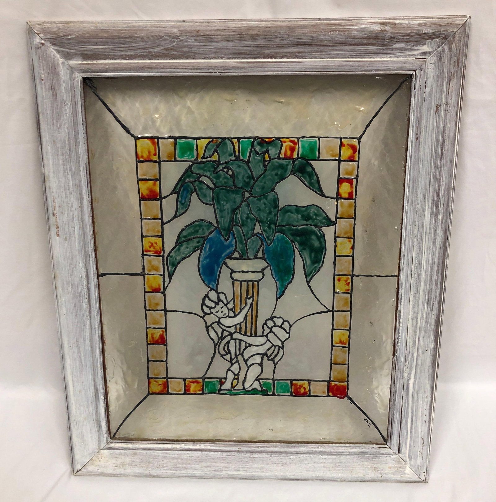 Vintage Art Nouveau Stained Glass in Frame: This lot contains Vintage Art Nouveau Stained Glass in Distressed Wood Frame. It is approx 20-1/2" x 24-3/4" x 3/4" and weighs about 6.0lbs. Overall the Stained Glass in good fair condition with signs