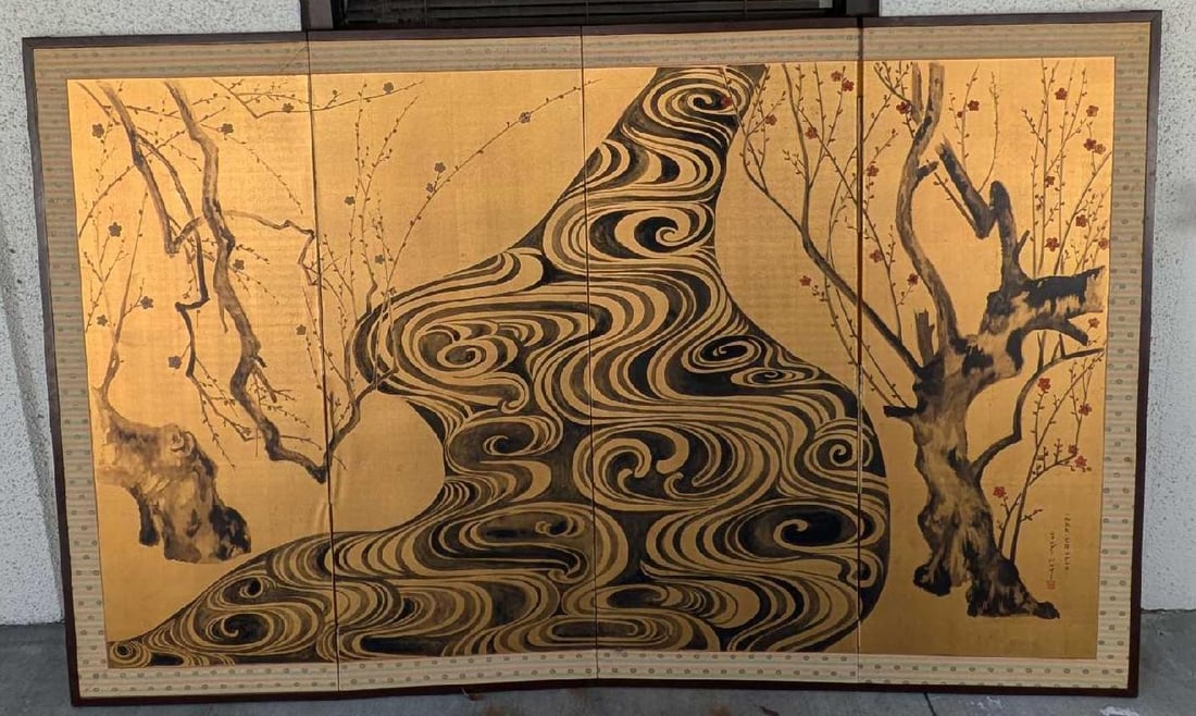 Byobu Wooden Folding Screens After Ogata Korin: Byobu Wooden Folding Screens After Ogata Korin. This is approx 80" x 3/4" x 50" and it weighs 25lbs.Folded, it is approx 20" x 3" x 50". The right-sided screen is separating from the middle scree