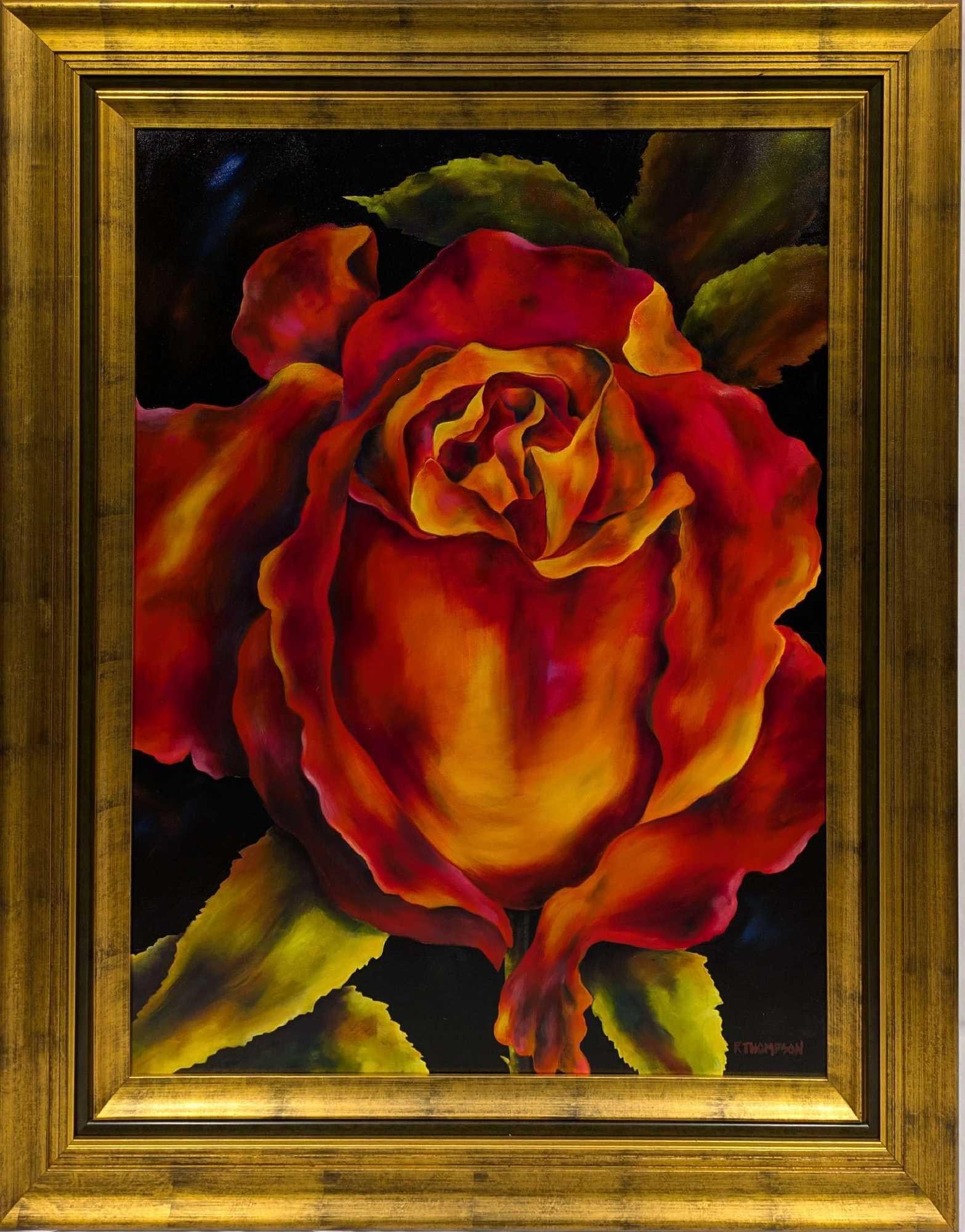Framed Rachel Thompson Original Oil On Canvas Rose: Framed Rachel Thompson Original Oil On Canvas Rose. The framed original is approx 39 1/2" x 3 1/2" x 49 1/4" and it weighs 22.20lbs. The frame has some signs of wear. The original was
