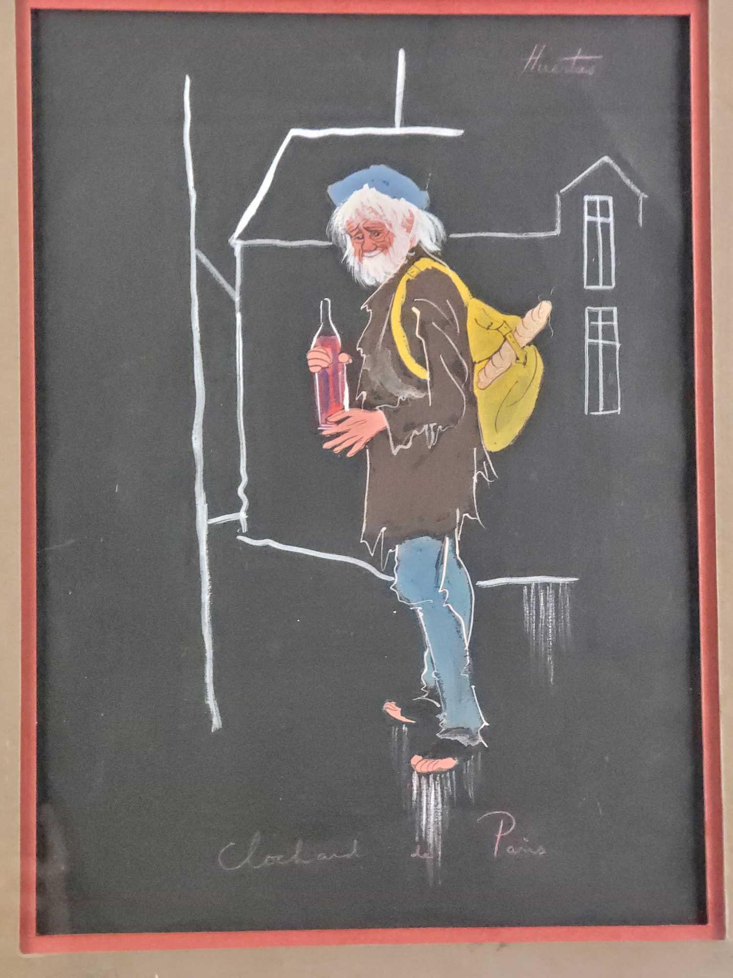 Signed Alice Huertas Original of Man in Paris Watercolor: Watercolor original by Alice Huertas, signed in the upper right hand corner. Titled Clockard de Paris. Artwork is set behind glass, double matted, and in a wood frame ready to hang. Approx.