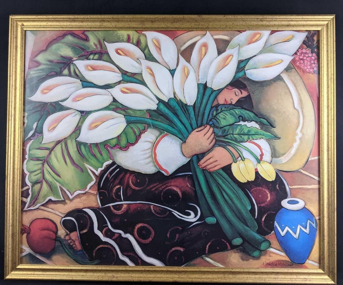 L. Carter Holman Blue Vase Pomegranate Framed Print: L. Carter Holman Blue Vase Pomegranate Framed Print This is a beautiful framed print of a woman holding white calla lilies. Frame and print in great condition. Dimensions: 26inx33in Weight: