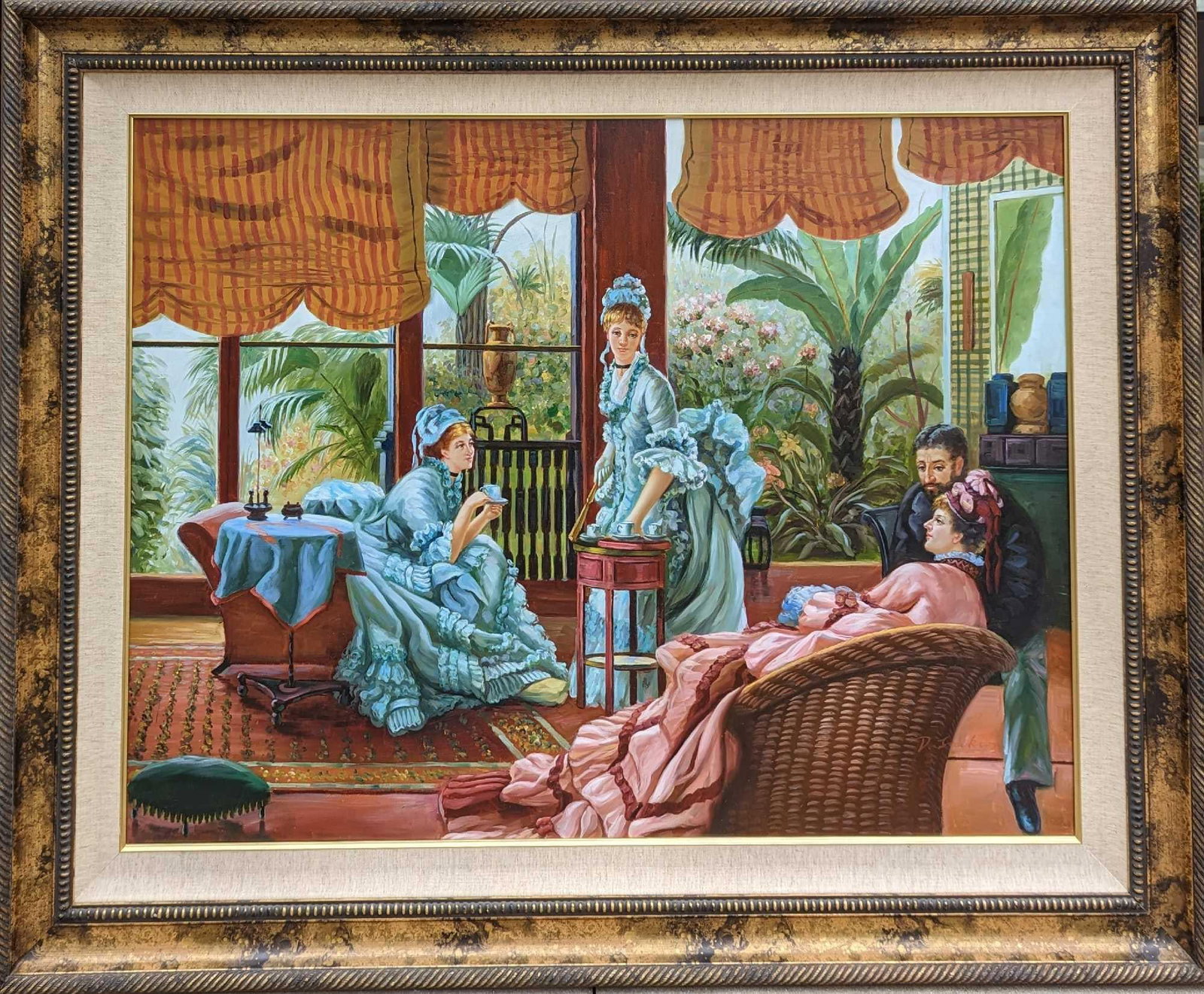 Framed James Jacques Joseph Tissot Reproduction: Framed James Jacques Joseph Tissot Reproduction. Framed Hand Painted Oil Reproduction On Canvas. This framed reproduction is approx 59" x 2" x 47 1/2" and it weighs 25lbs. The canvas itself is