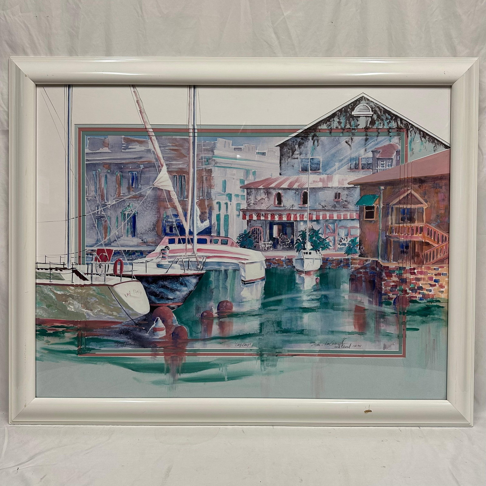 Jim Gerard Holehouse Lay Day Signed Lithograph Framed Art Hand Colored and Embellished: Framed lithograph print titled “Lay Day” by Florida artist Jim Gerard Holehouse. Signed, numbered (326/350), and dated (1-12-95) in the lower right and marked Hand Colored. The image 