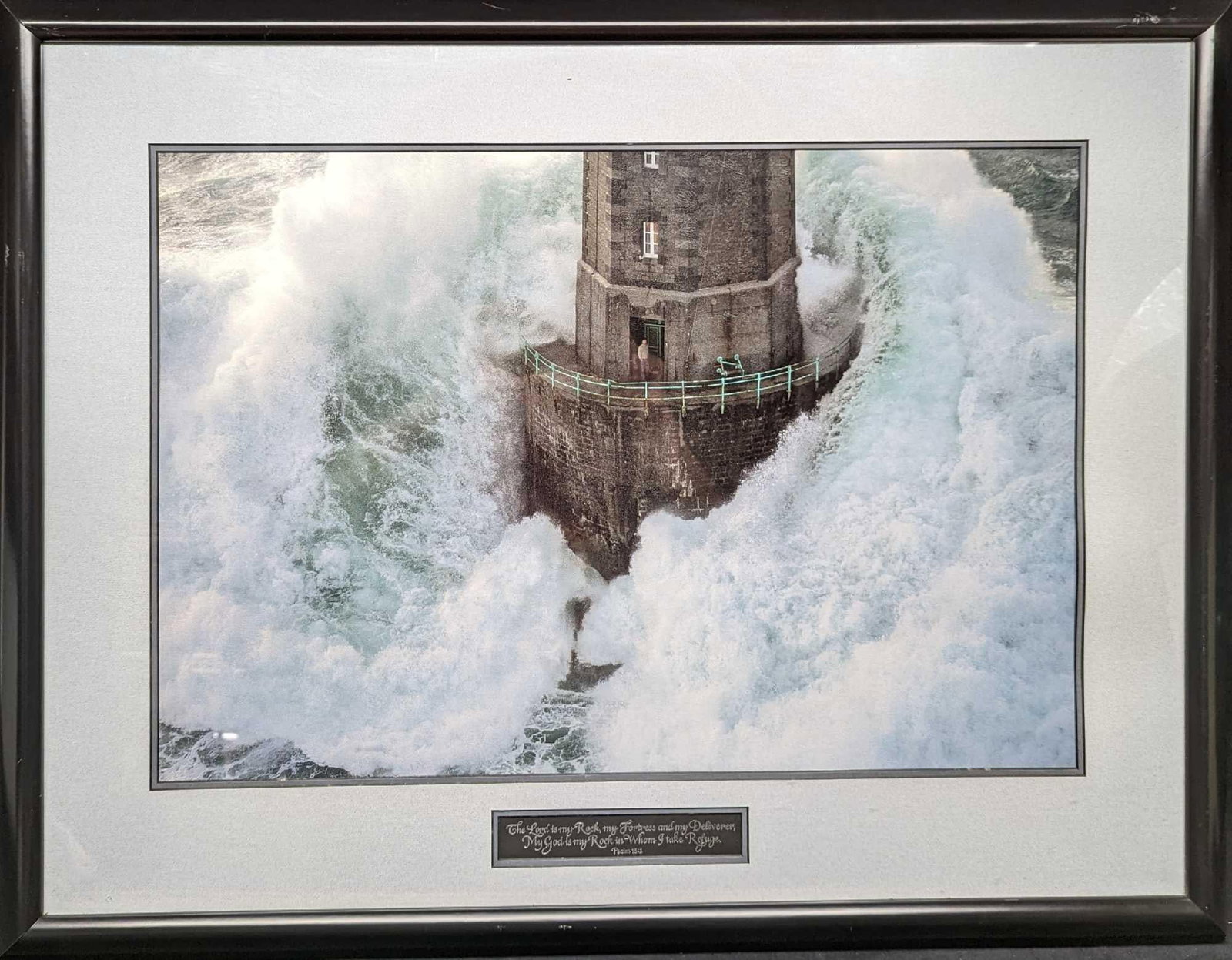 Framed Jean Guichard Religious Lighthouse Print: Framed Jean Guichard Religious Lighthouse Print. Framed textured print. The framed print is approx 35 1/4" x 1 1/2" x28" and it weighs 16lbs. The print/image is approx 18" x 26". The framed print is i
