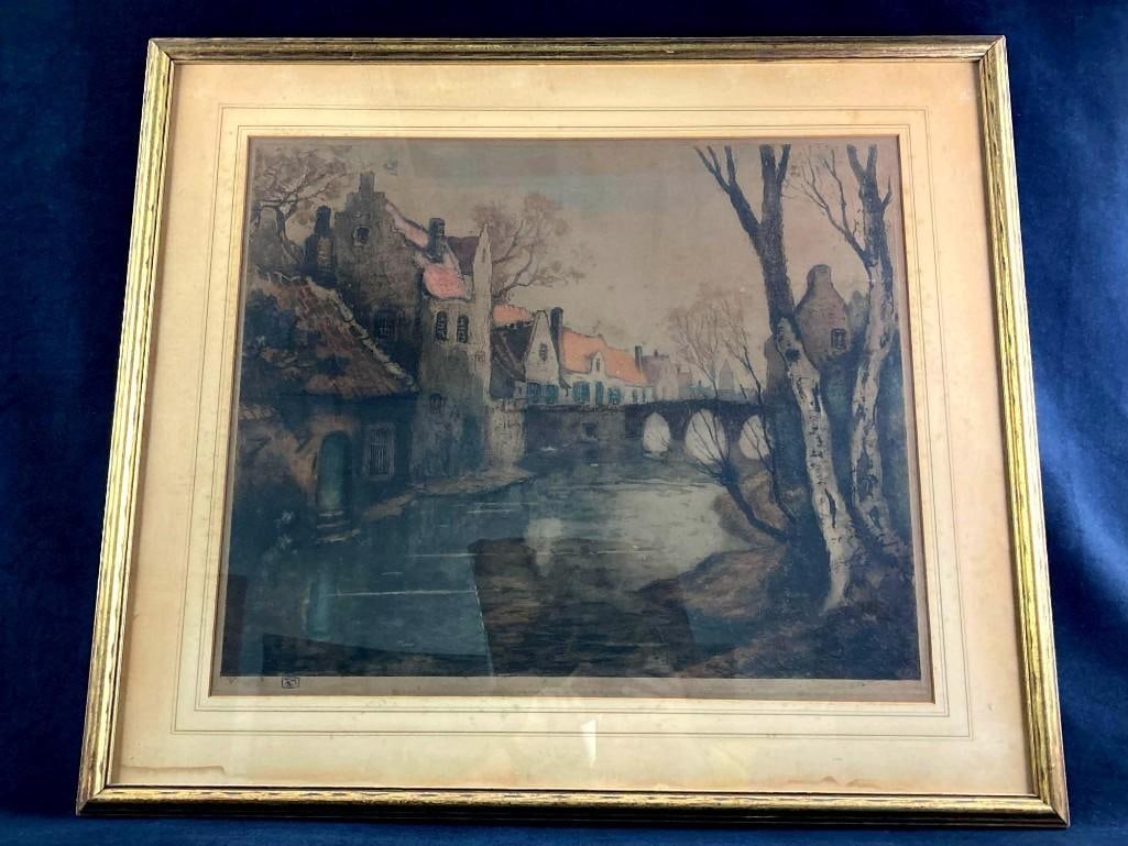 Attelburn Village Scene Print: The print is framed and appears to date to the early 20th century of earlier. There are symbols in the lower left hand corner and the right has an illegible signature that reads faintly "Attelburn" in