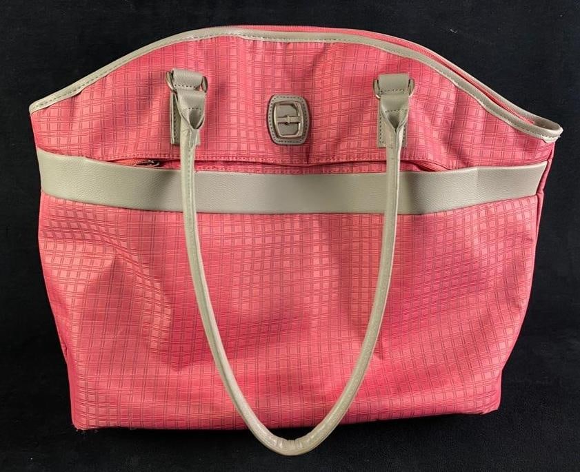 Ellen Tracy Tote Bag Pink: Ellen Tracy Tote Bag Pink Pink tote by Ellen Tracy, with gray faux leather trim. Has two long handles and zips completely at the top. There is one large outer zipper pocket, and inside there is one