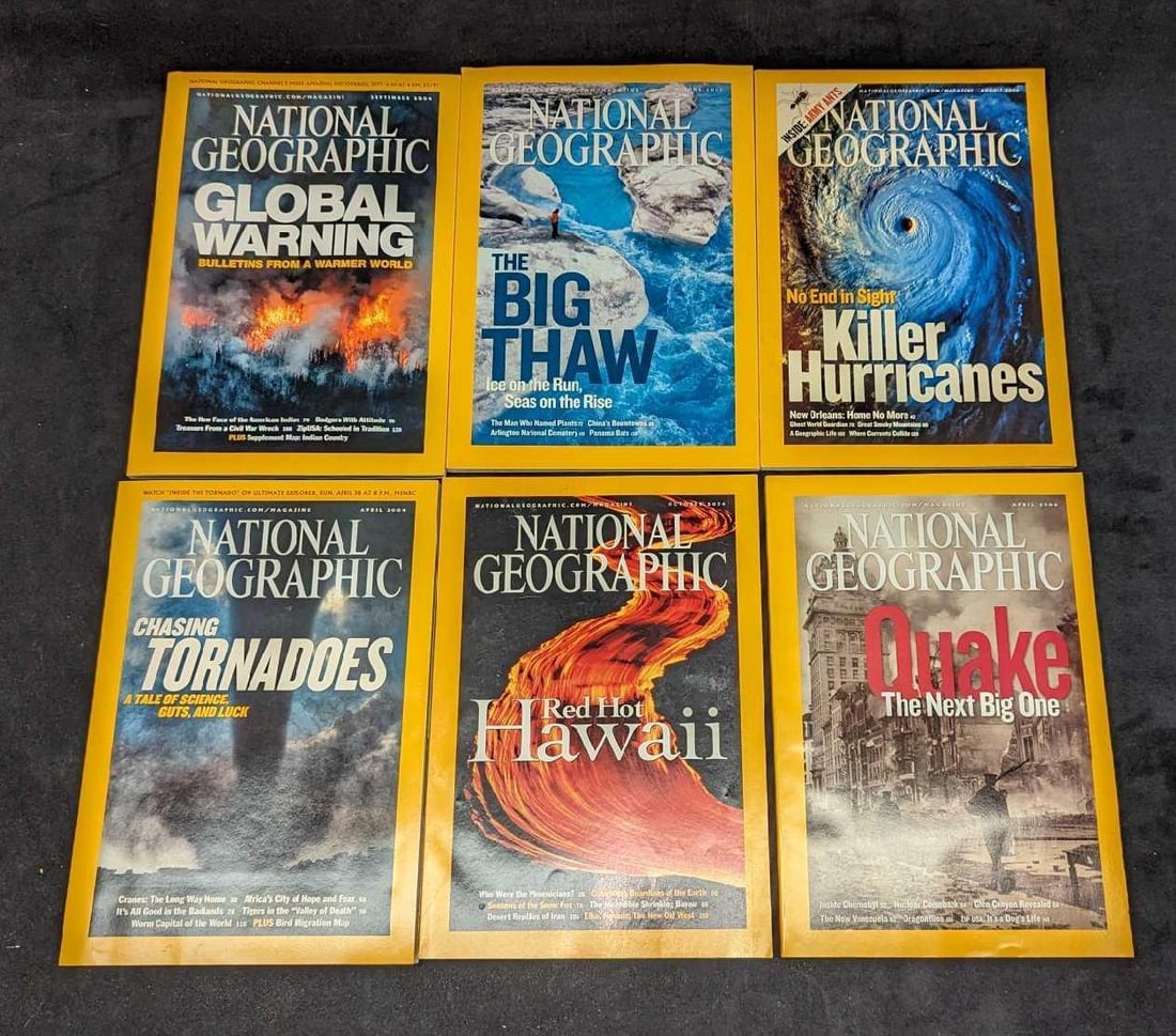 6 Extreme Weather National Geographic Magazines: 6 Extreme Weather National Geographic Magazines. This lot includes: (1) June 2007- The Big Thaw. (1) August 2006- No End In Sight - Killer Hurricanes. (1) September 2004 - Global Warning Bulletins
