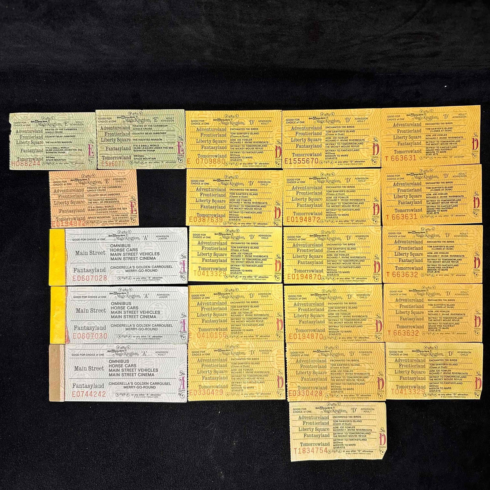 Walt Disney World Ticket Book Attraction Tickets Vintage Magic Kingdom Set: This set includes vintage Walt Disney World park tickets including Magic Kingdom 1970's adventure ticket books and Fantasyland paper attraction tickets. These items are in good